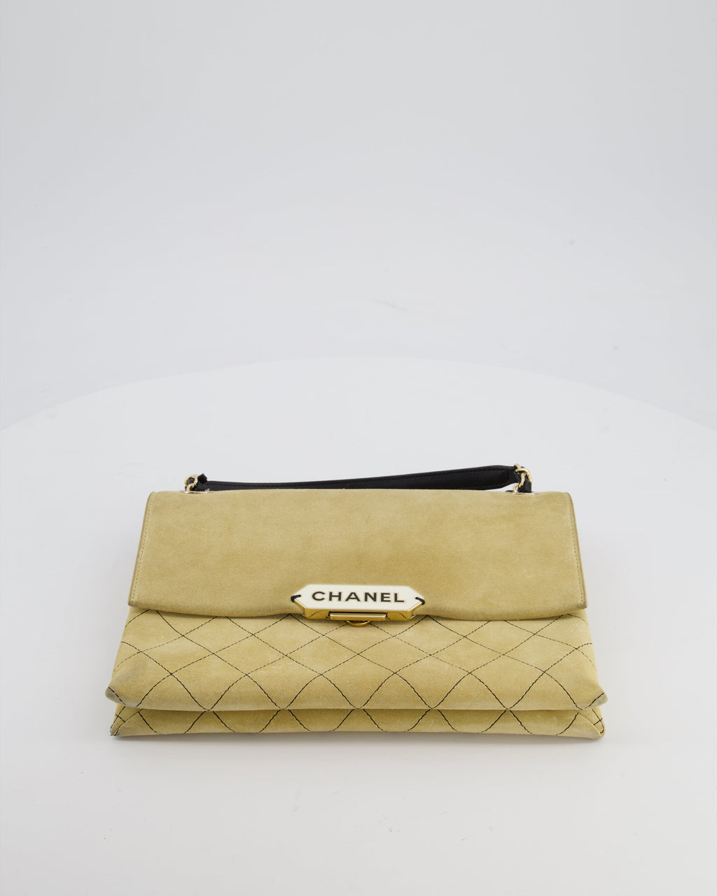 Chanel Beige Retro Label Matelasse Suede Flap Bag with Black Leather Chain & Champagne Gold Hardware