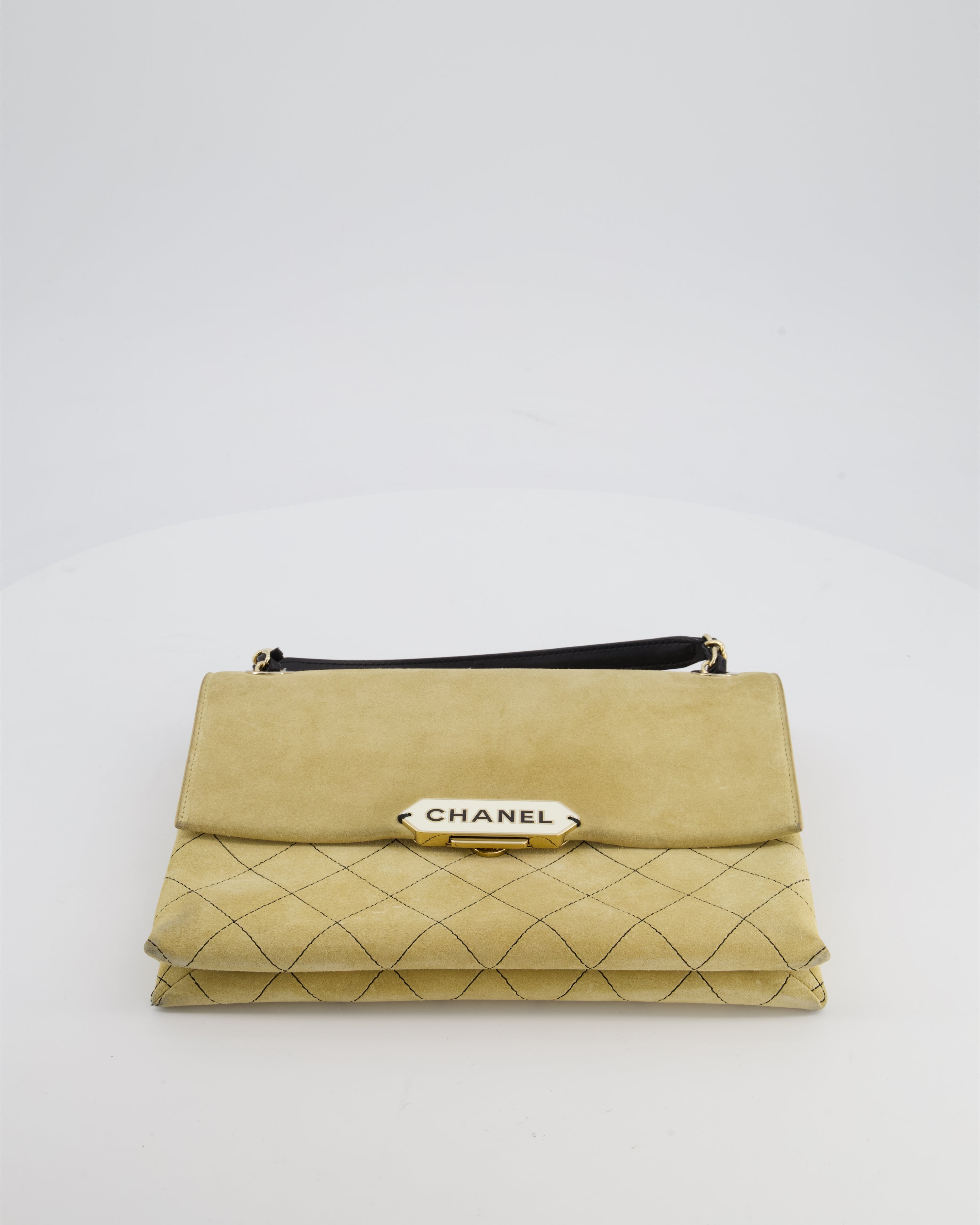 Chanel Beige Retro Label Matelasse Suede Flap Bag with Black Leather Chain & Champagne Gold Hardware