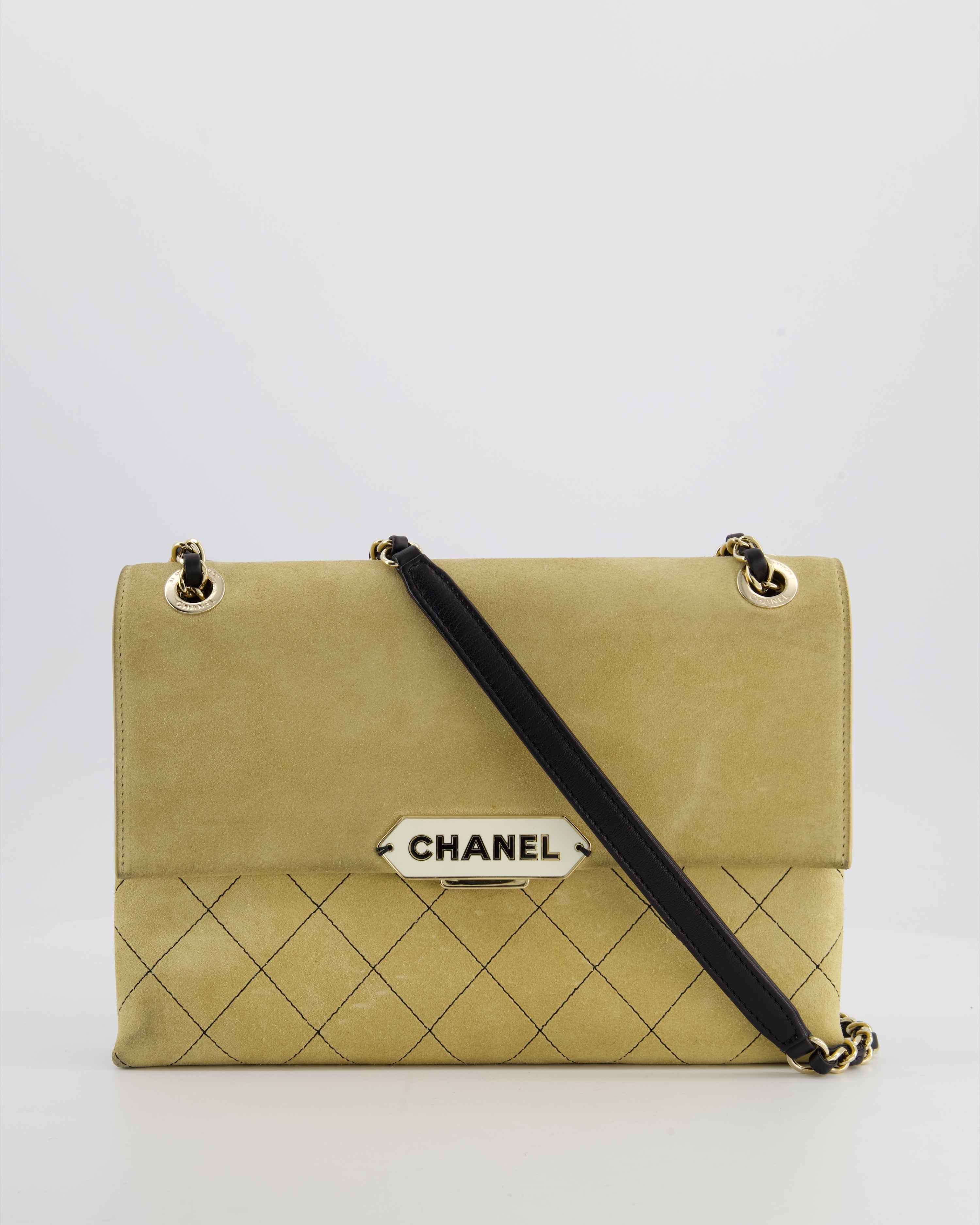 Chanel Beige Retro Label Matelasse Suede Flap Bag with Black Leather Chain & Champagne Gold Hardware
