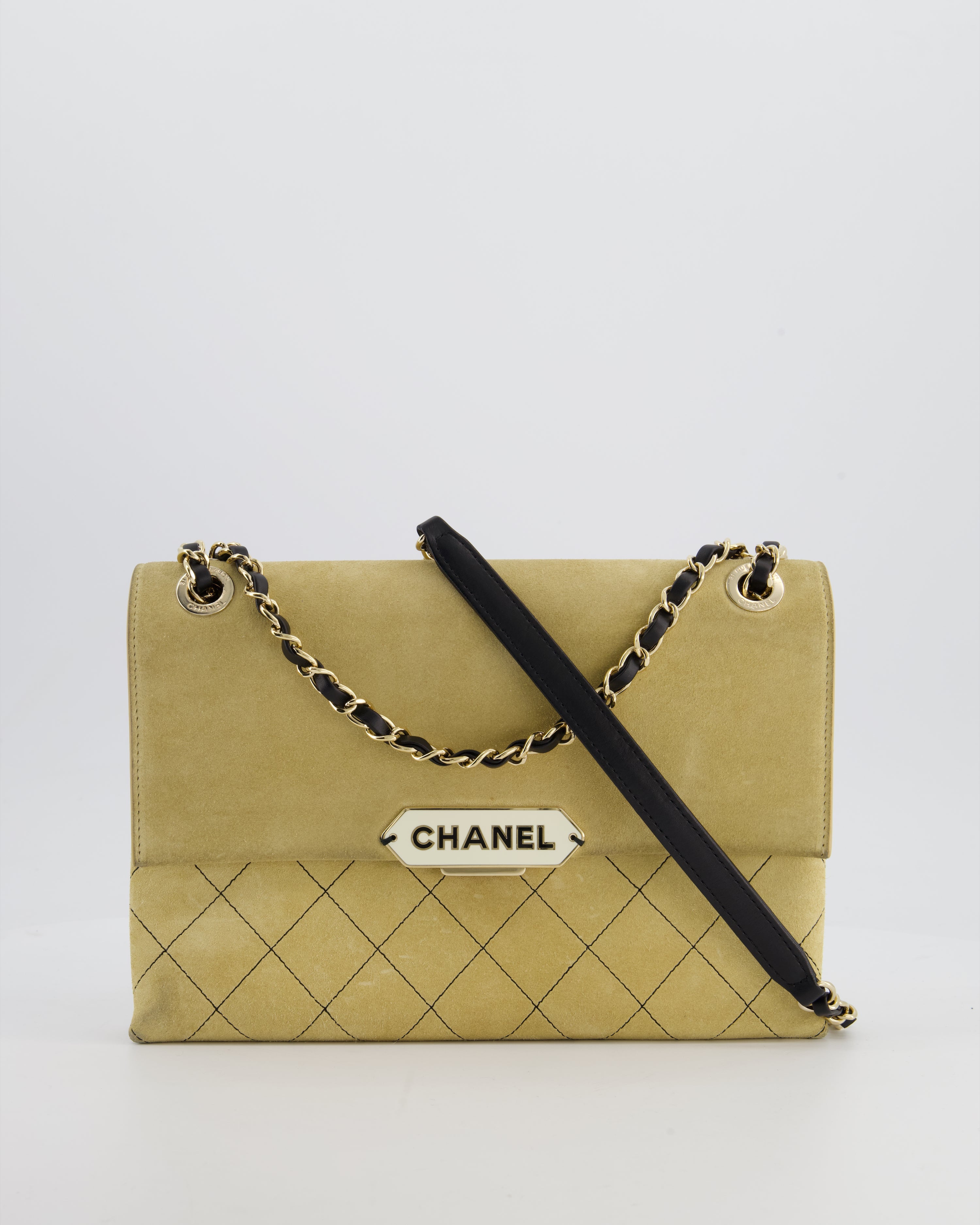 Chanel Beige Retro Label Matelasse Suede Flap Bag with Black Leather Chain & Champagne Gold Hardware