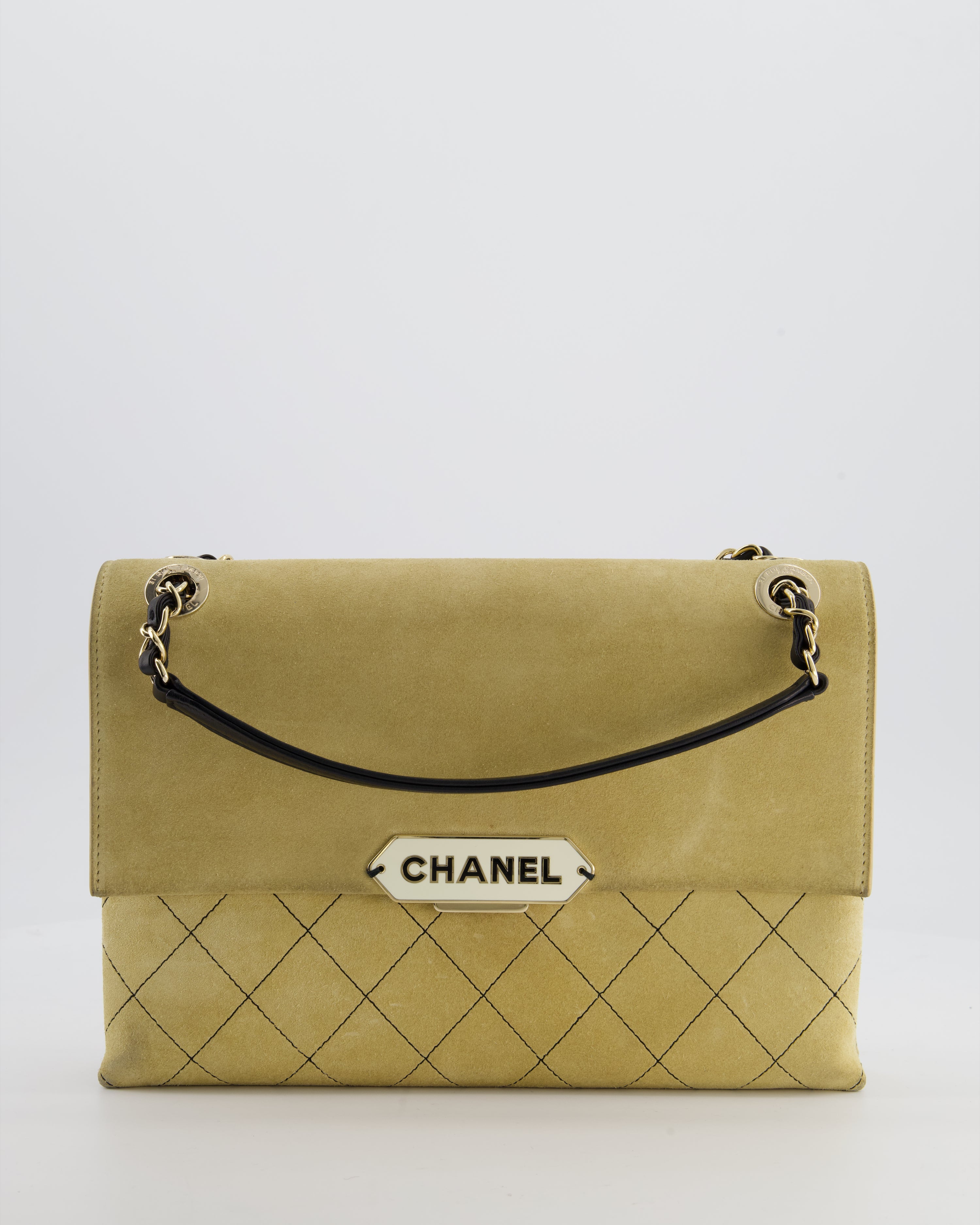 Chanel Beige Retro Label Matelasse Suede Flap Bag with Black Leather Chain & Champagne Gold Hardware