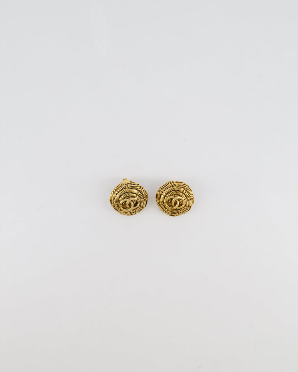 Chanel Vintage 94A Gold Round Cabled Spiral Clip on Earrings with CC Logo Detail