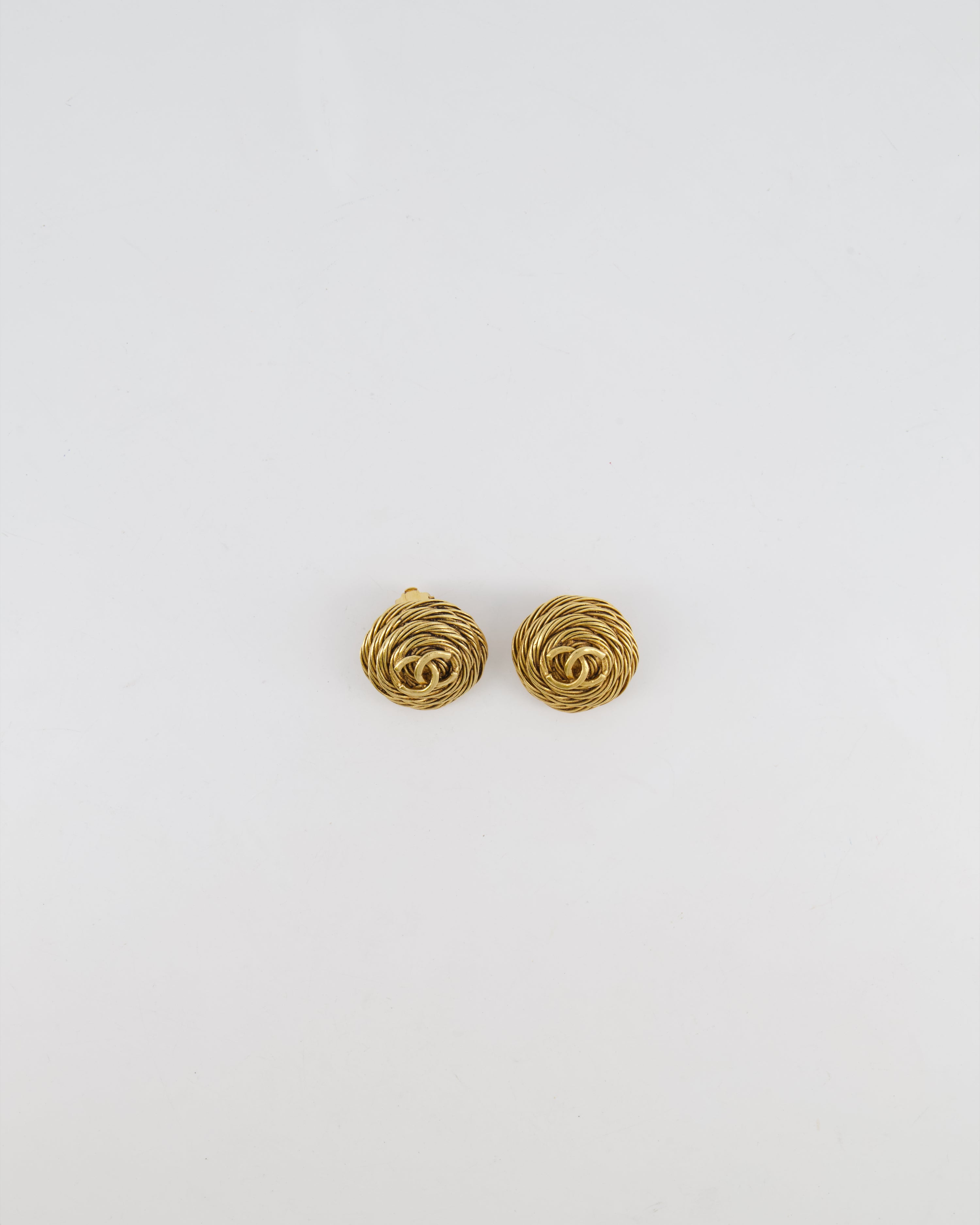 Chanel Vintage 94A Gold Round Cabled Spiral Clip on Earrings with CC Logo Detail