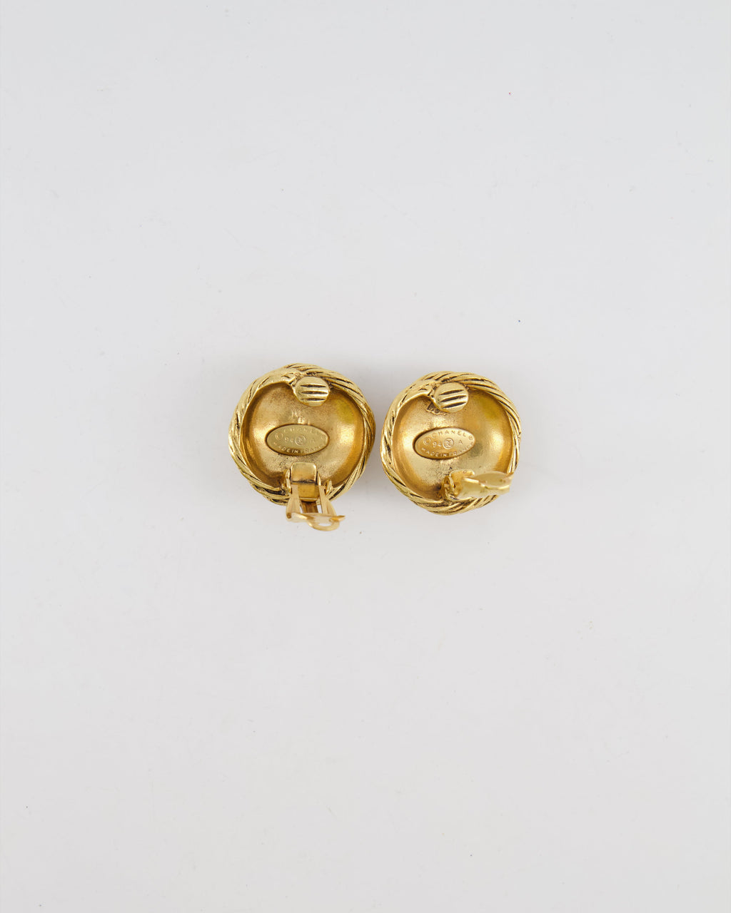 Chanel Vintage 94A Gold Round Cabled Spiral Clip on Earrings with CC Logo Detail
