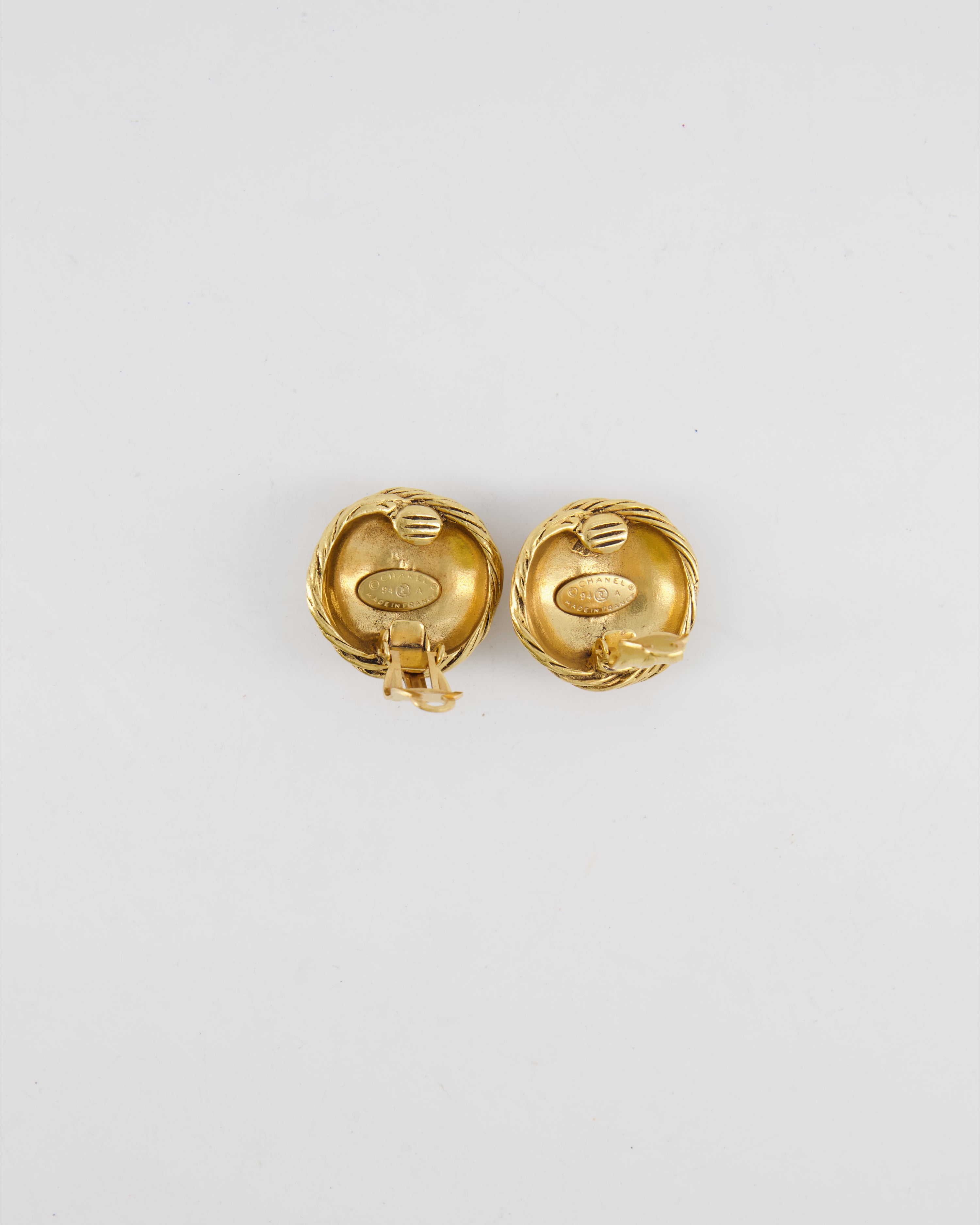 Chanel Vintage 94A Gold Round Cabled Spiral Clip on Earrings with CC Logo Detail