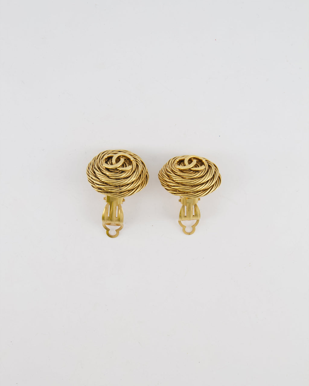 Chanel Vintage 94A Gold Round Cabled Spiral Clip on Earrings with CC Logo Detail