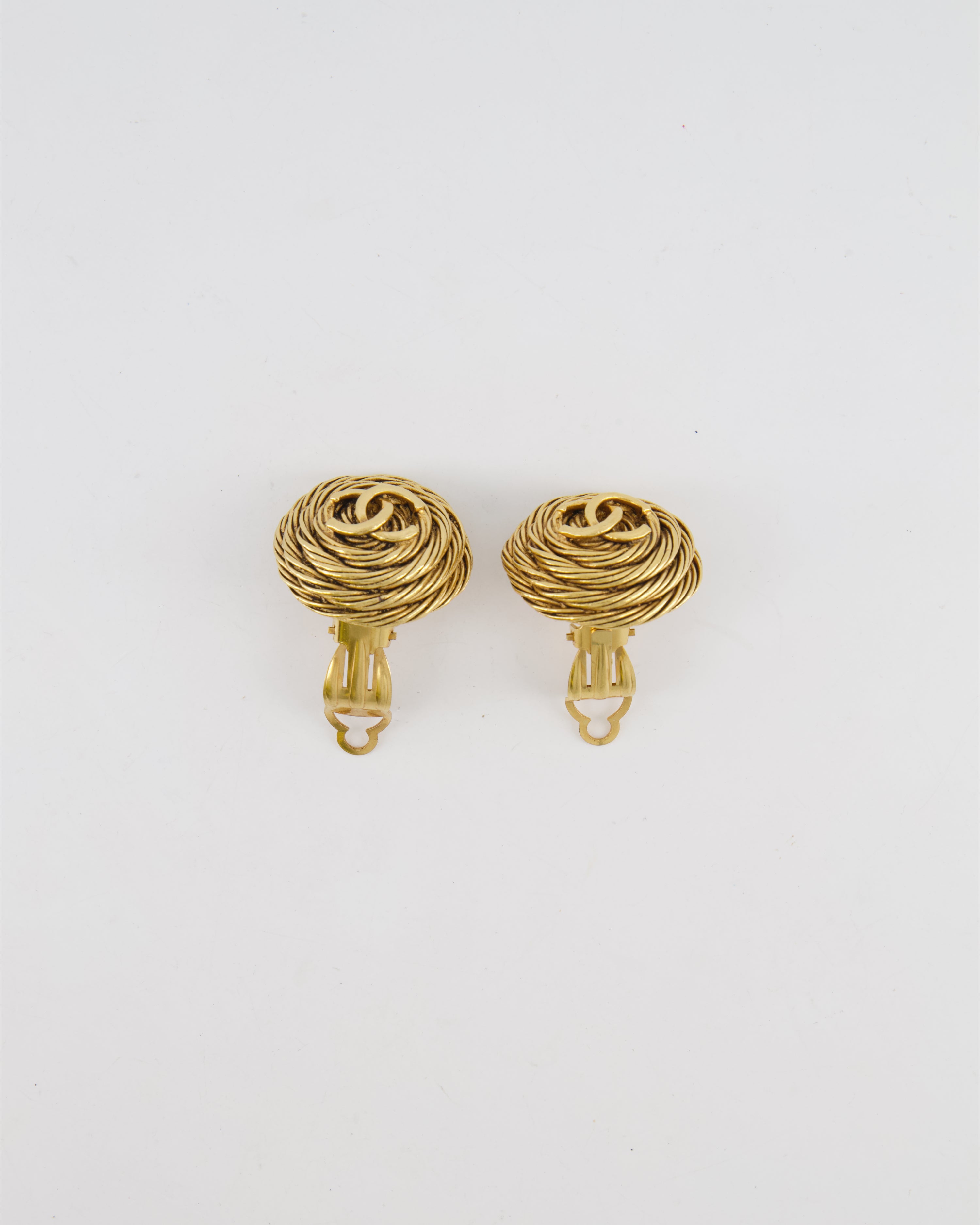Chanel Vintage 94A Gold Round Cabled Spiral Clip on Earrings with CC Logo Detail