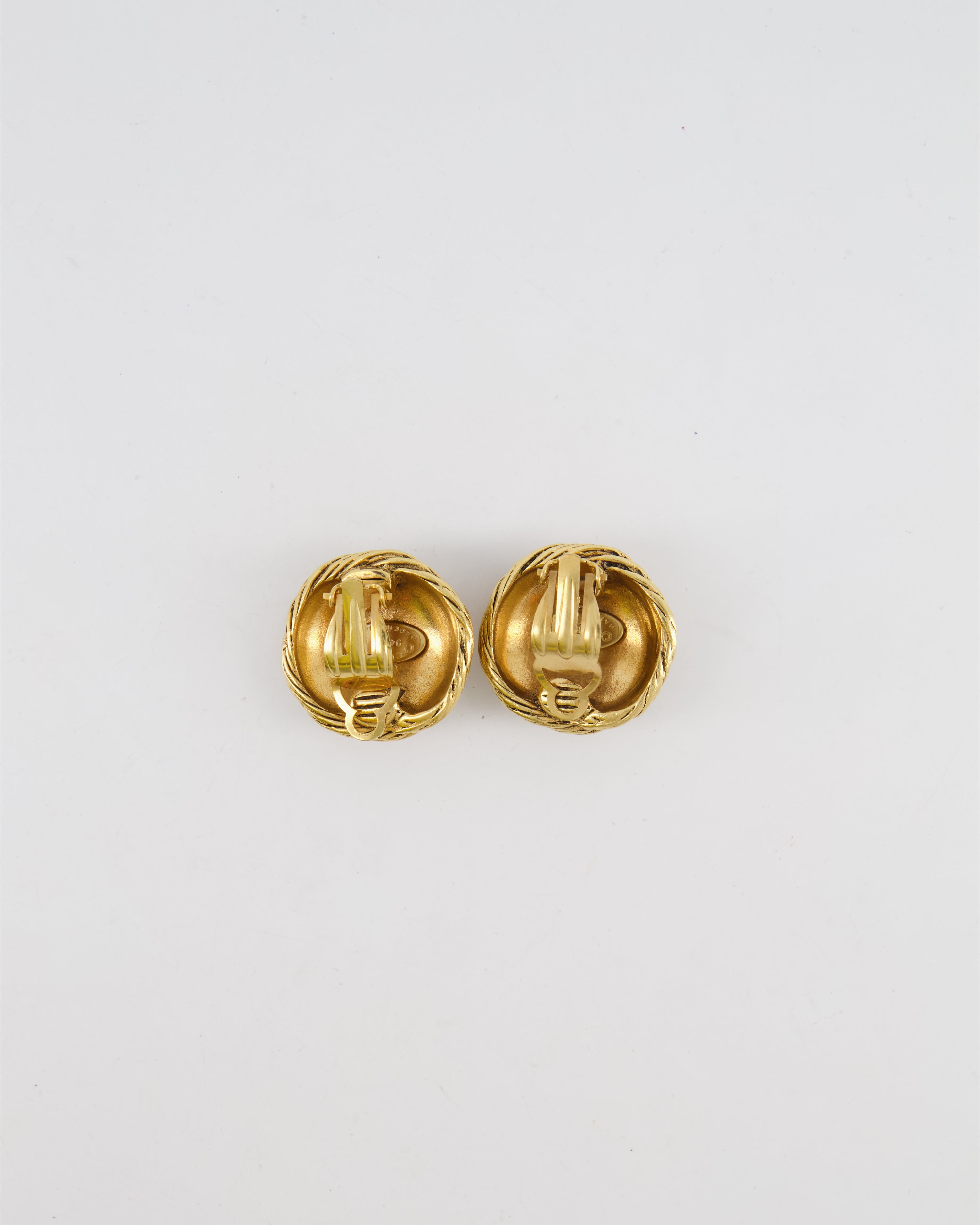 Chanel Vintage 94A Gold Round Cabled Spiral Clip on Earrings with CC Logo Detail