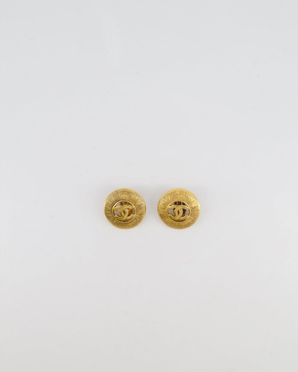 Chanel Vintage Gold Large Round Button Clip On Earrings with Striped Detail and CC Logo