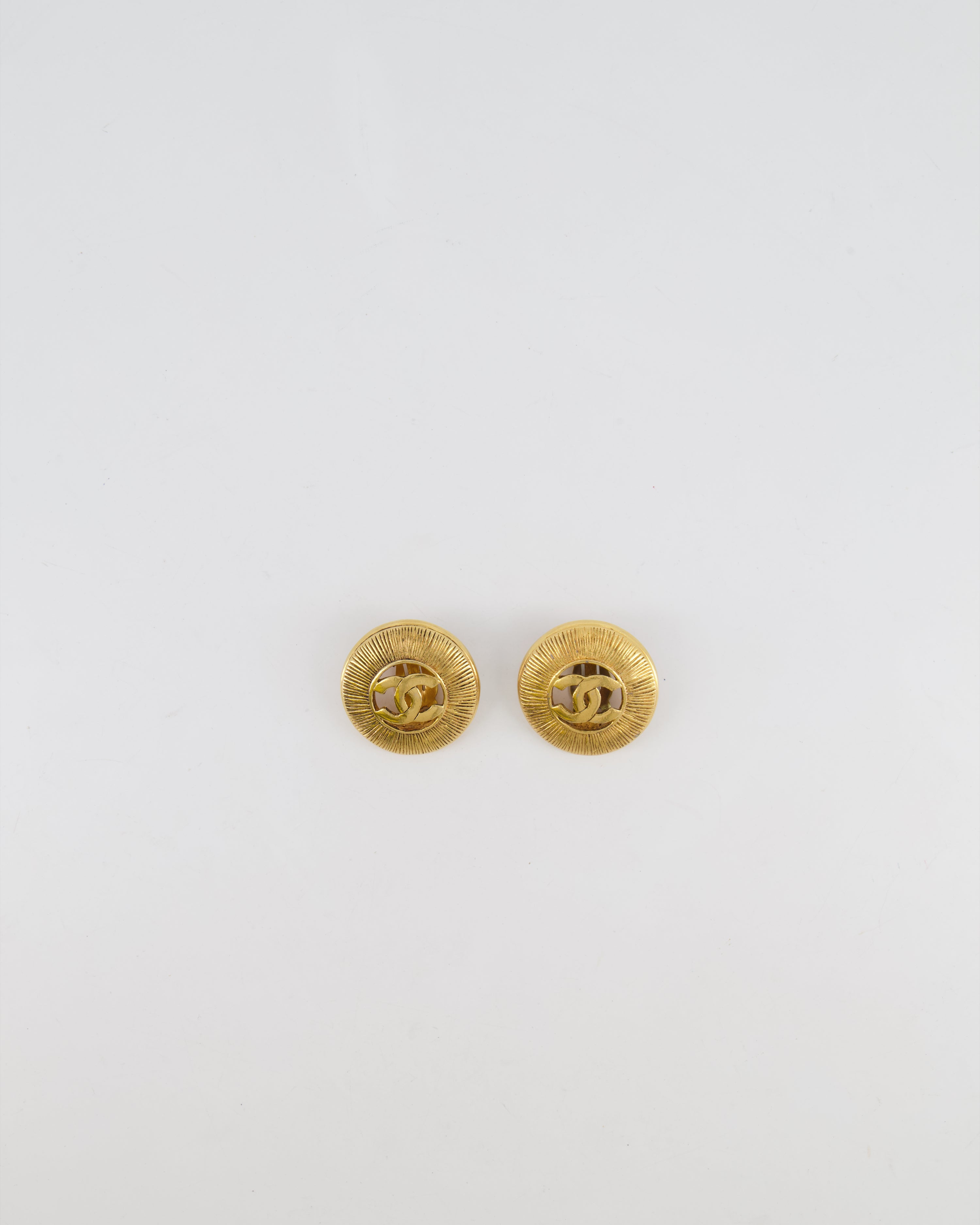 Chanel Vintage Gold Large Round Button Clip On Earrings with Striped Detail and CC Logo