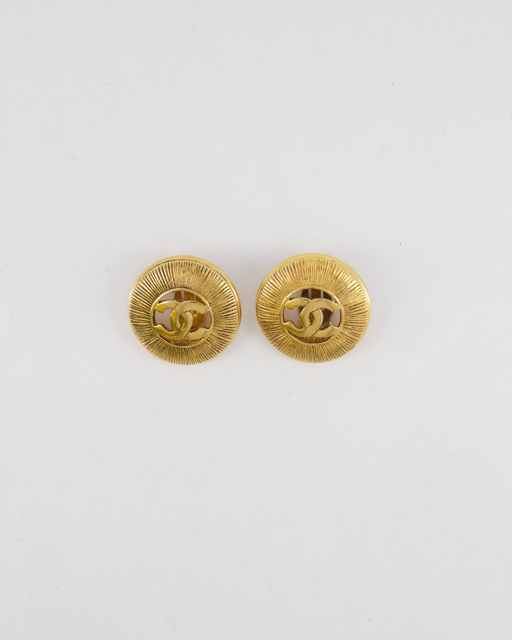 Chanel Vintage Gold Large Round Button Clip On Earrings with Striped Detail and CC Logo