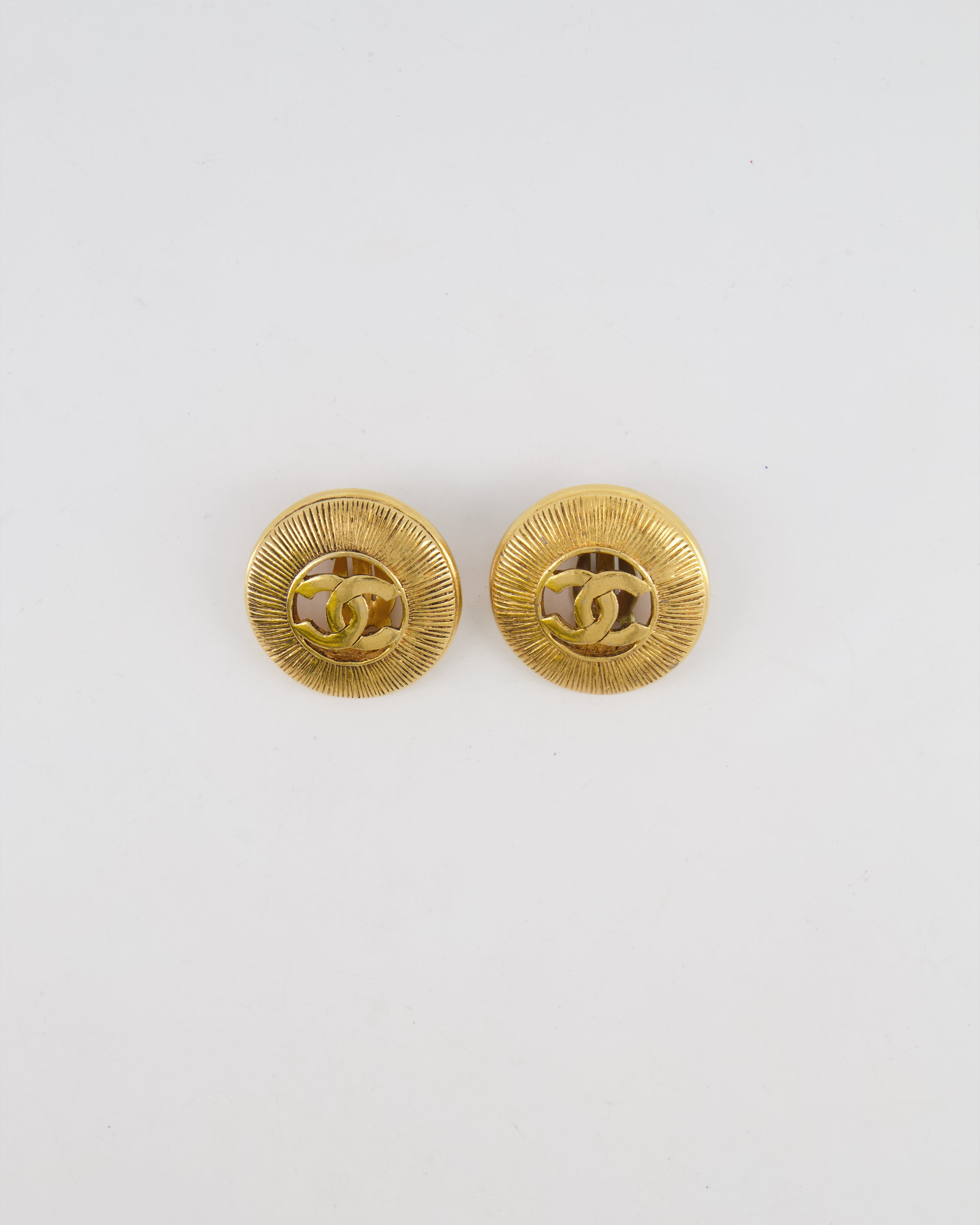 Chanel Vintage Gold Large Round Button Clip On Earrings with Striped Detail and CC Logo