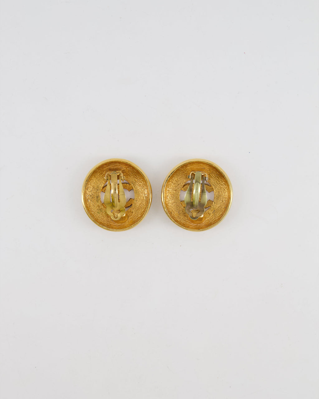 Chanel Vintage Gold Large Round Button Clip On Earrings with Striped Detail and CC Logo
