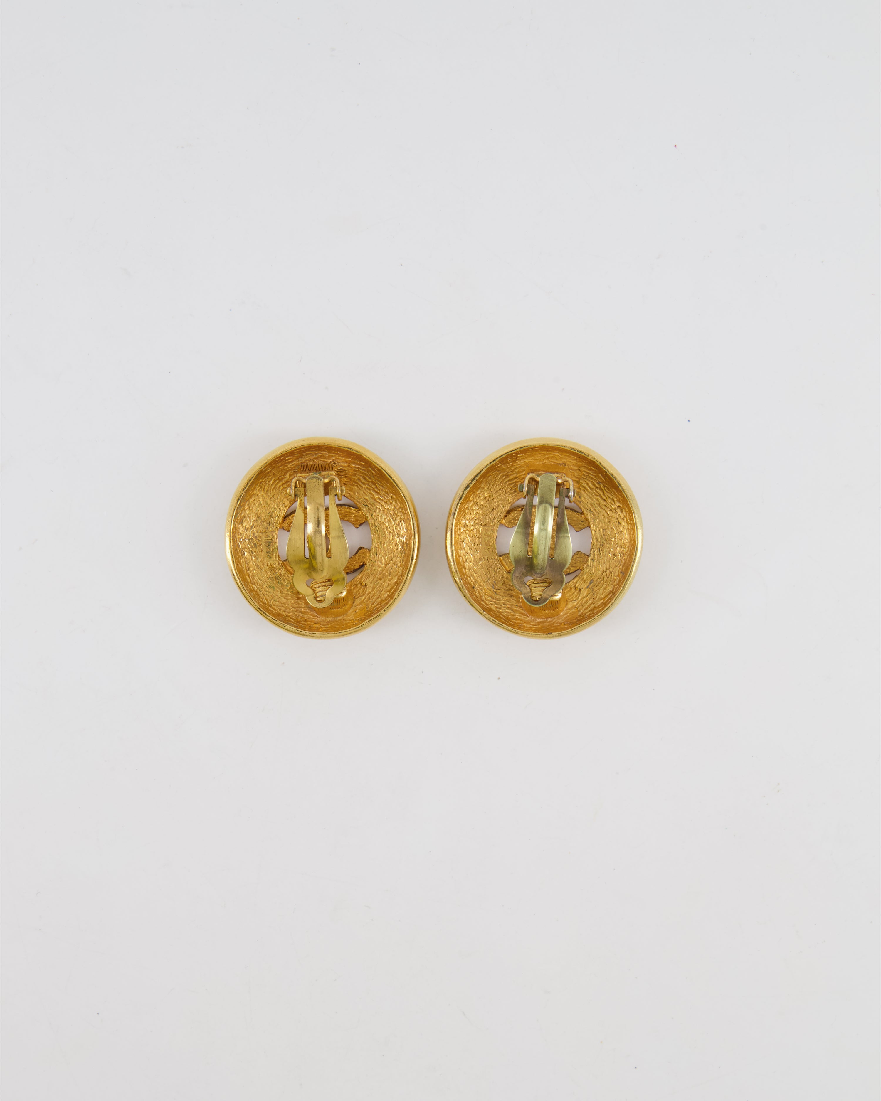 Chanel Vintage Gold Large Round Button Clip On Earrings with Striped Detail and CC Logo