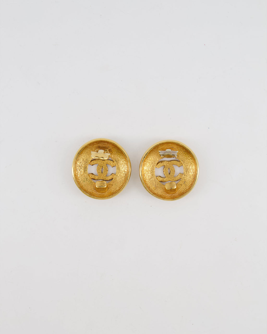 Chanel Vintage Gold Large Round Button Clip On Earrings with Striped Detail and CC Logo