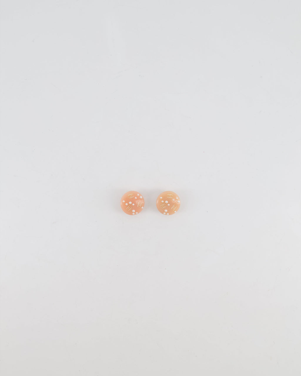 Chanel Vintage Blush Pink Round Clip On Earrings with Pearl Embellishments and CC Logo Details