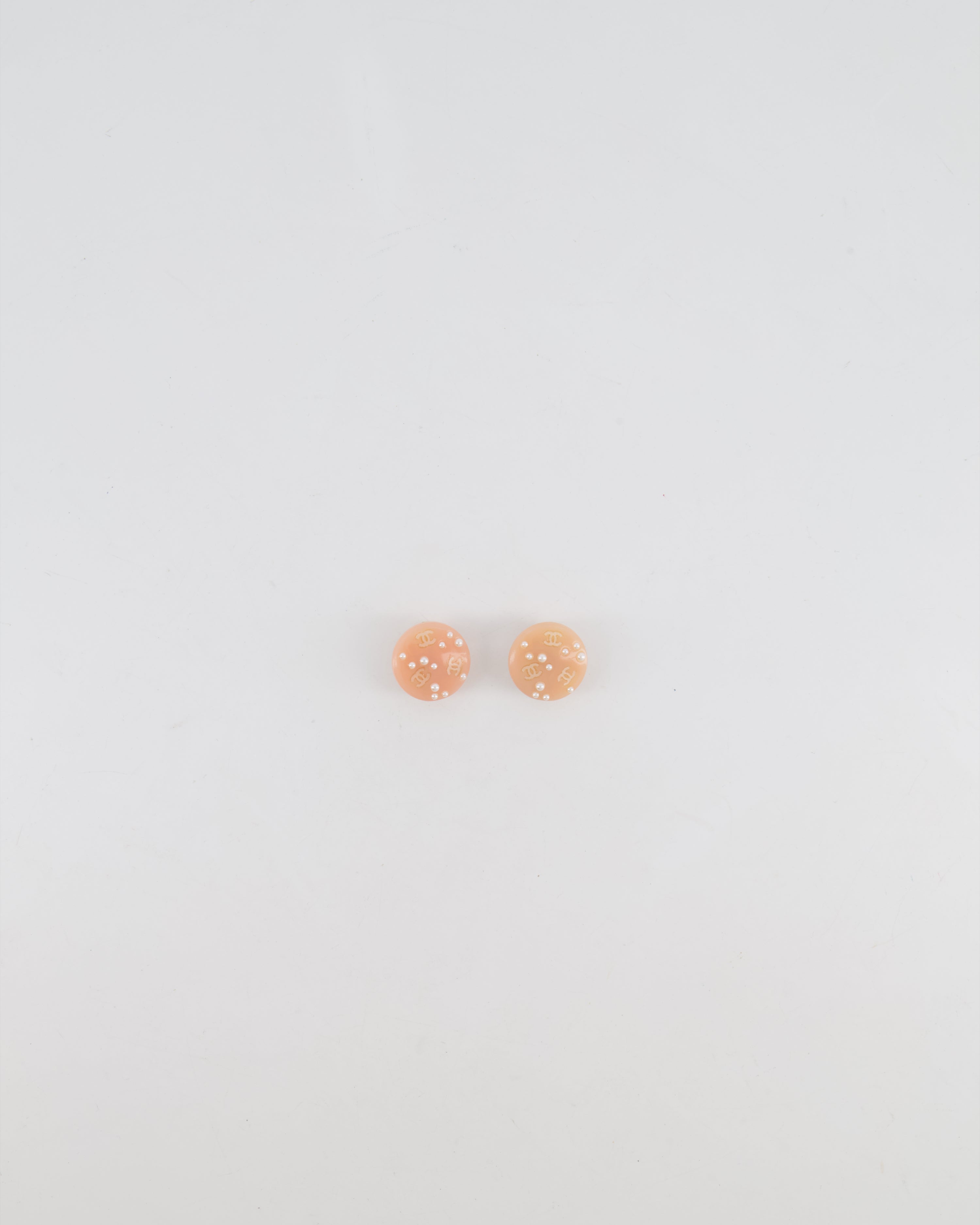 Chanel Vintage Blush Pink Round Clip On Earrings with Pearl Embellishments and CC Logo Details