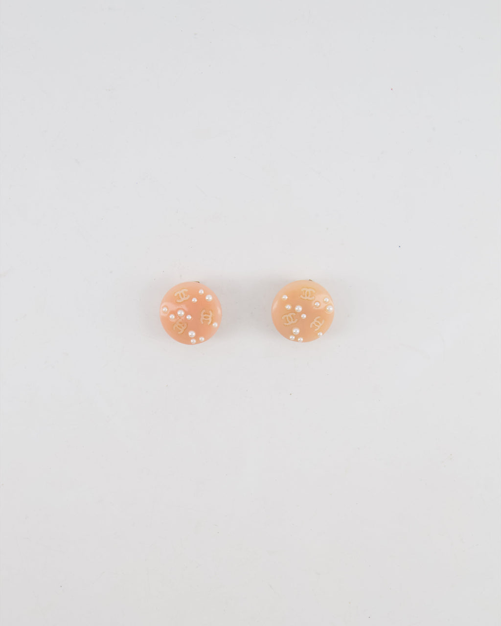 Chanel Vintage Blush Pink Round Clip On Earrings with Pearl Embellishments and CC Logo Details