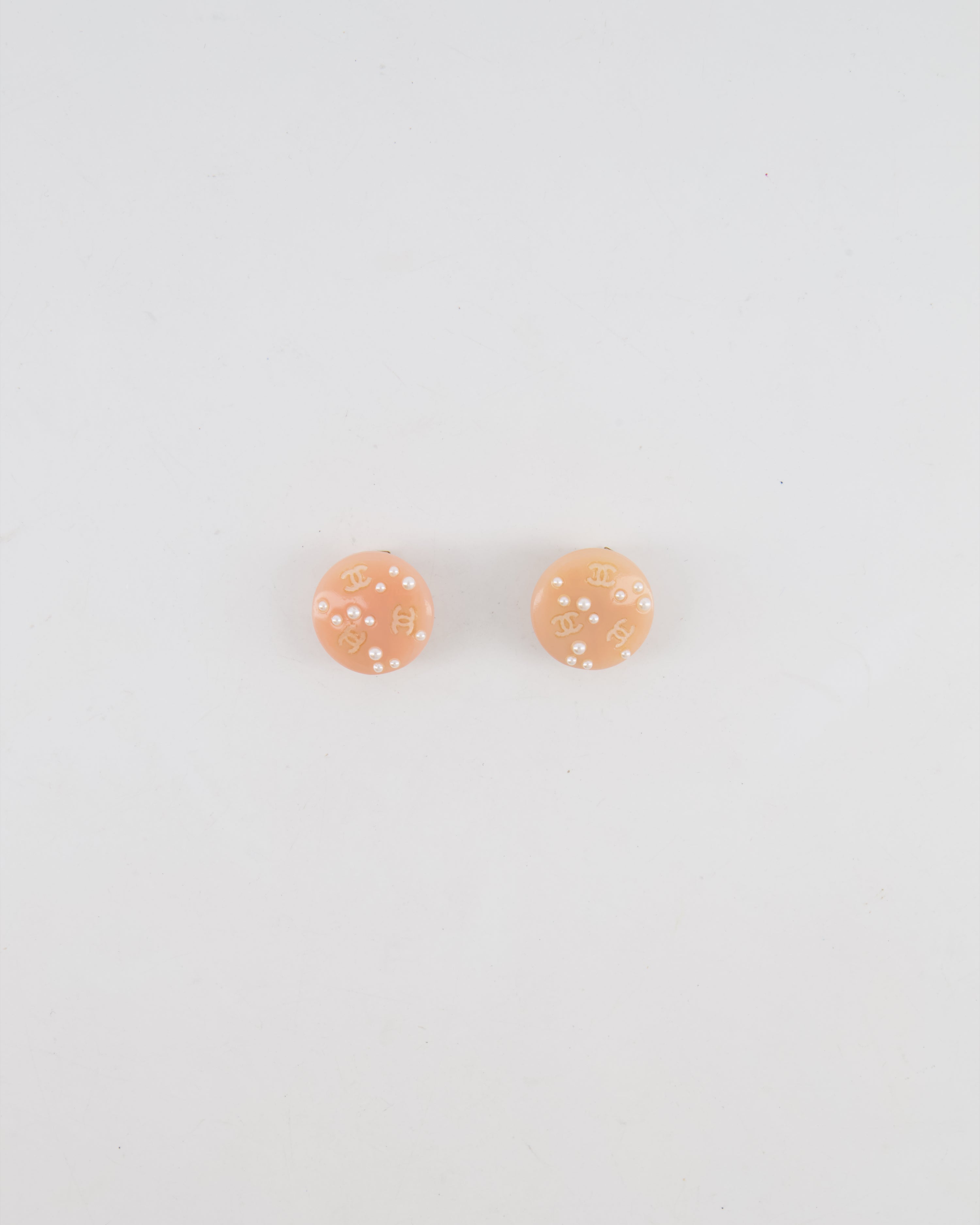 Chanel Vintage Blush Pink Round Clip On Earrings with Pearl Embellishments and CC Logo Details