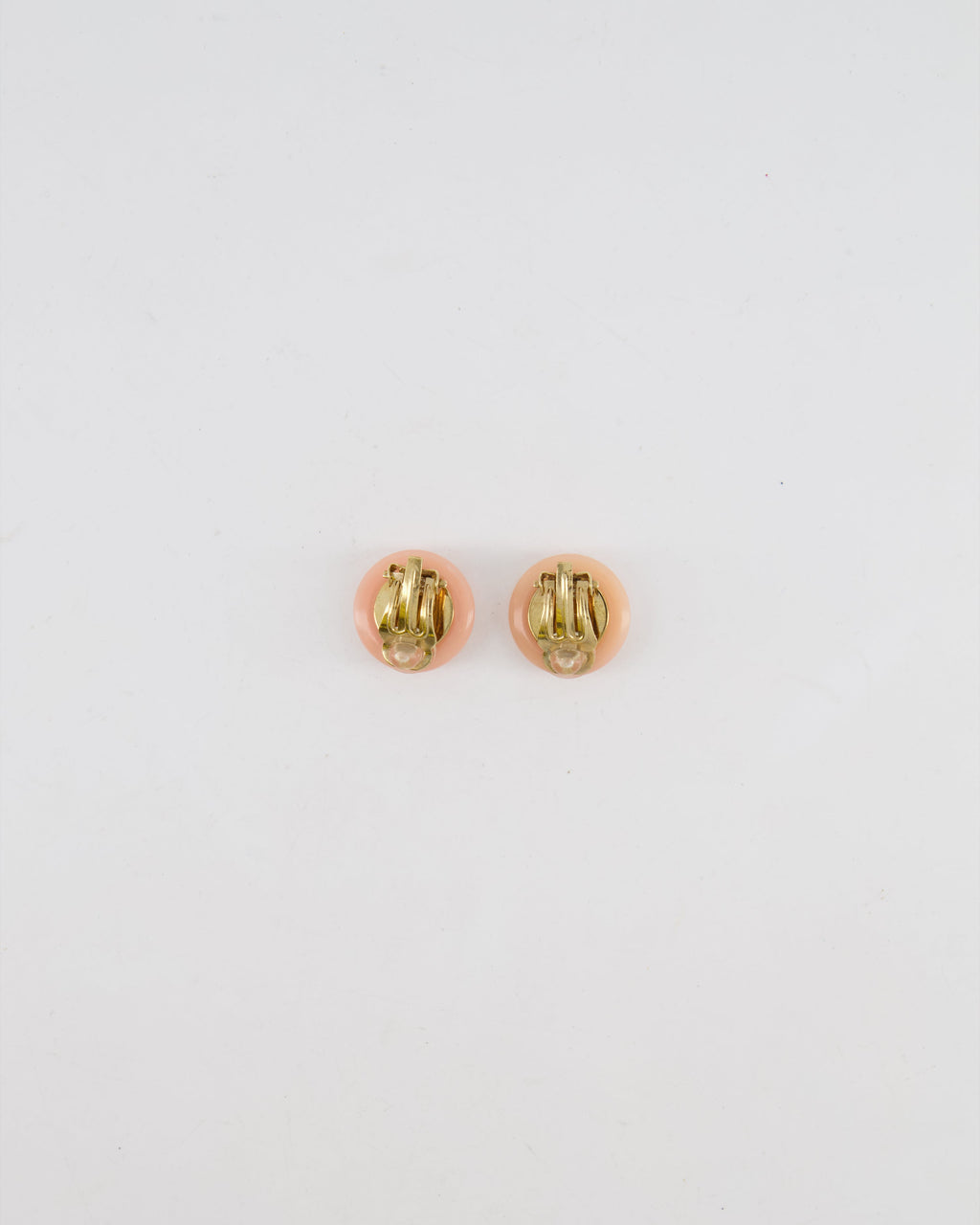 Chanel Vintage Blush Pink Round Clip On Earrings with Pearl Embellishments and CC Logo Details
