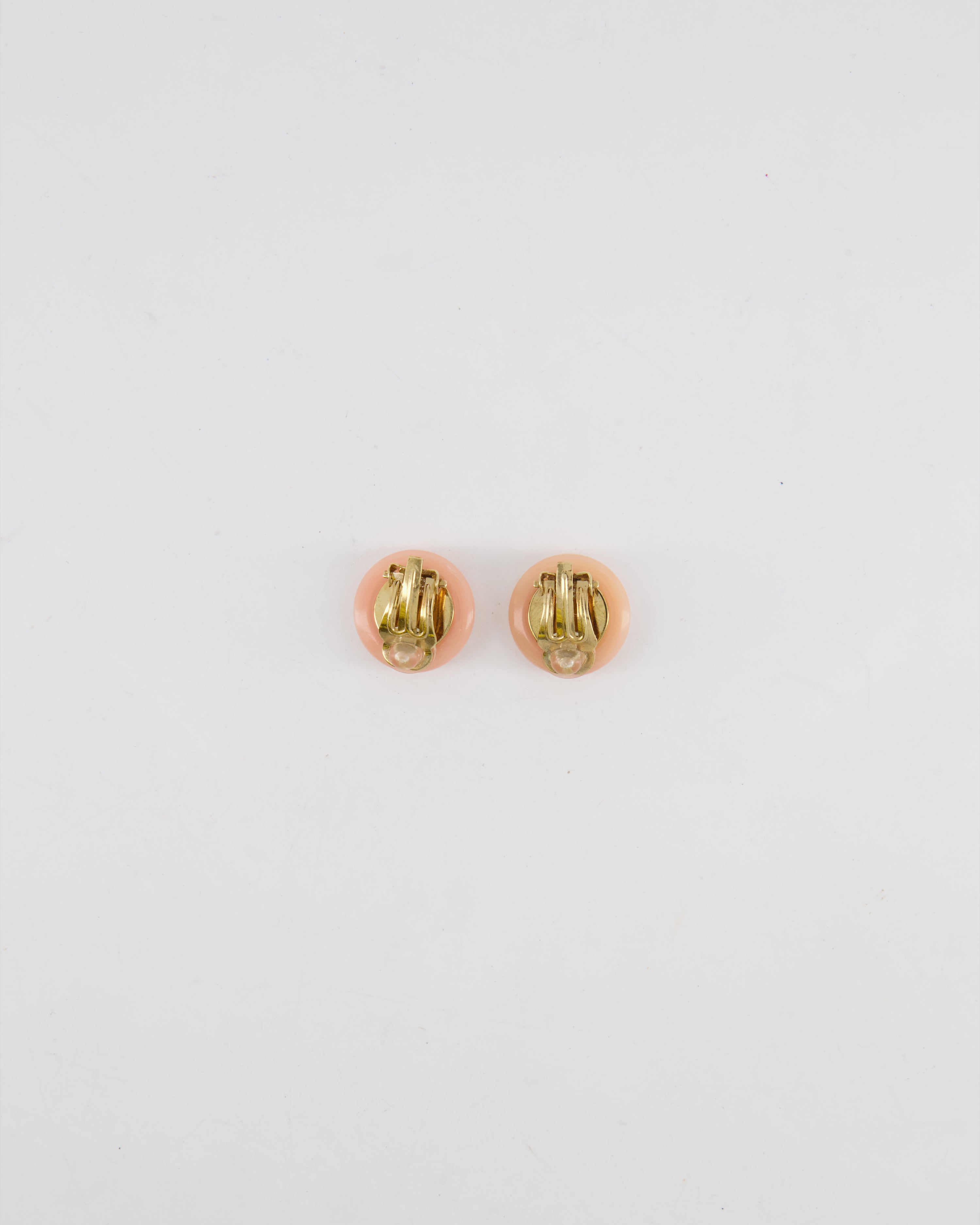 Chanel Vintage Blush Pink Round Clip On Earrings with Pearl Embellishments and CC Logo Details