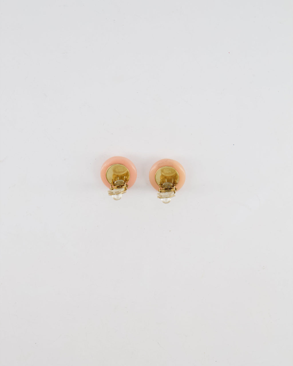 Chanel Vintage Blush Pink Round Clip On Earrings with Pearl Embellishments and CC Logo Details