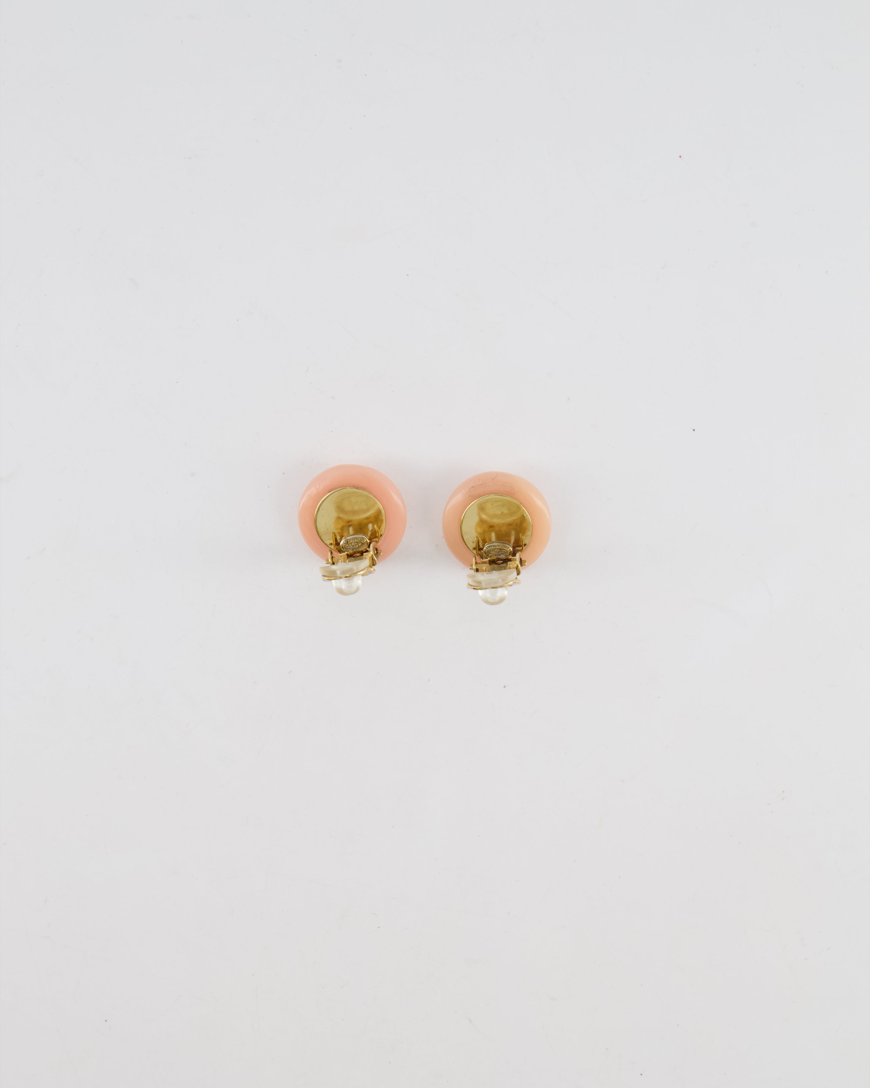 Chanel Vintage Blush Pink Round Clip On Earrings with Pearl Embellishments and CC Logo Details