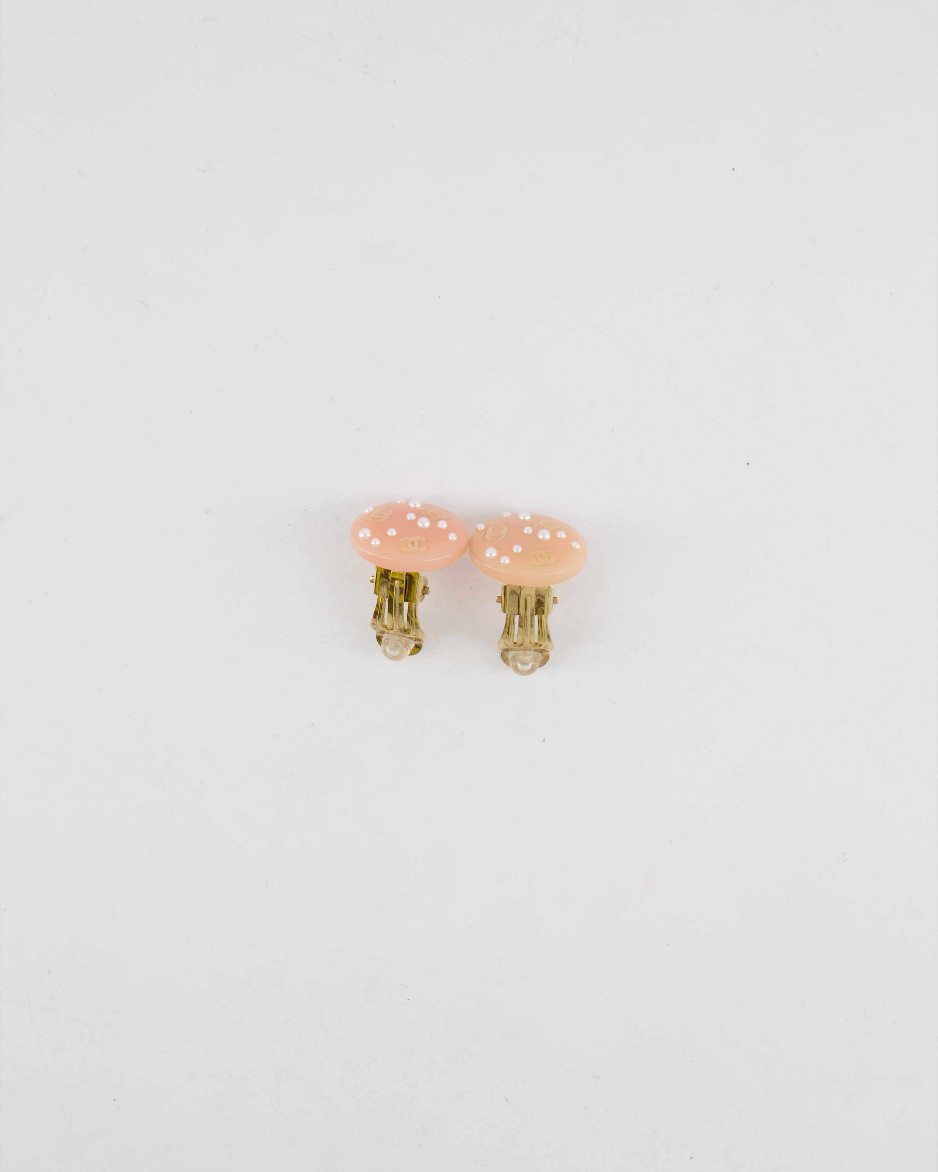 Chanel Vintage Blush Pink Round Clip On Earrings with Pearl Embellishments and CC Logo Details