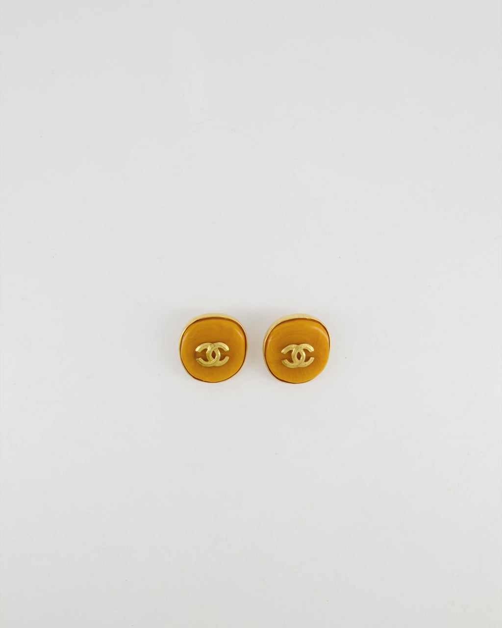 Chanel Vintage 98P Orange Rounded Clip On Earrings with Gold Rim and CC Logo Detail