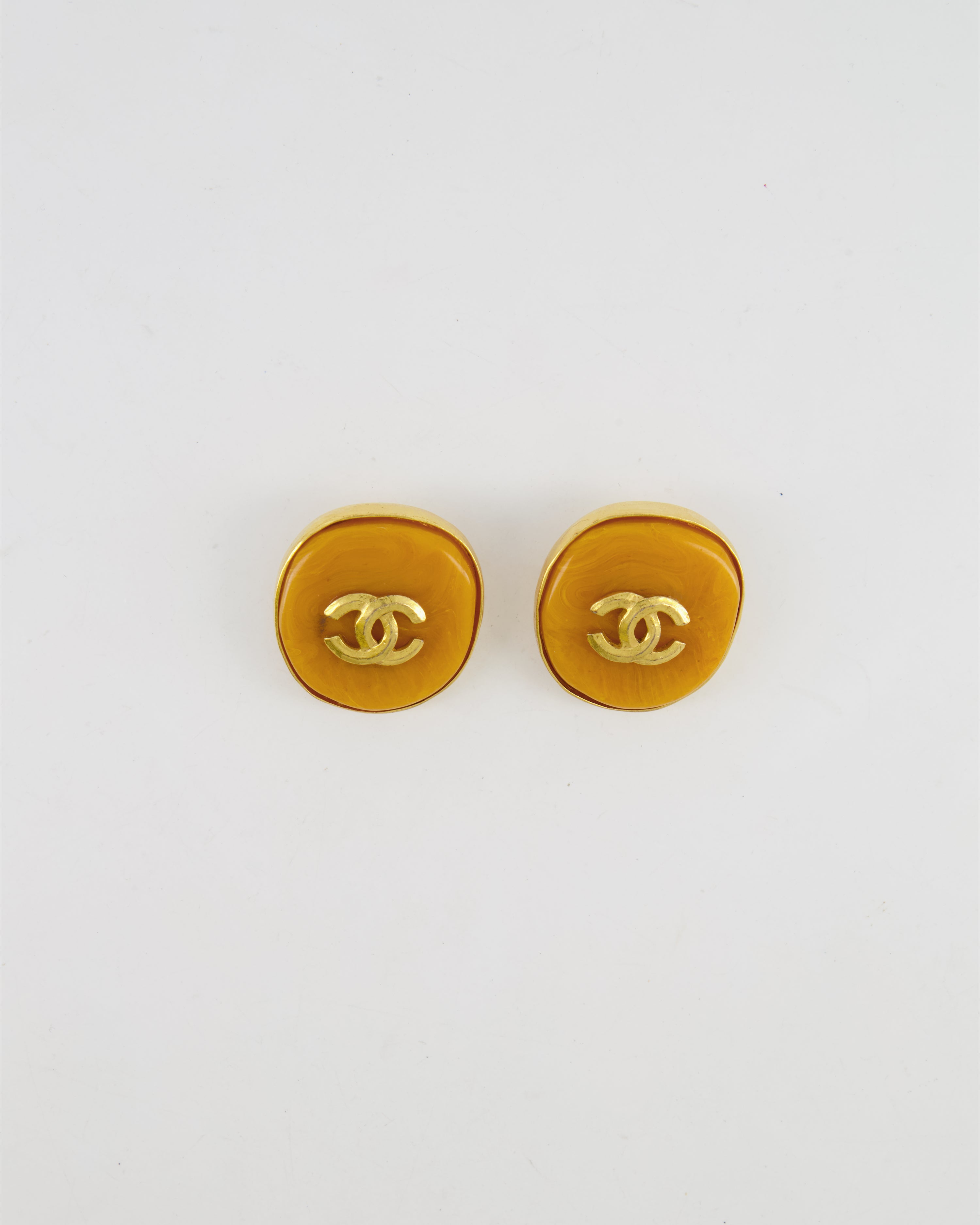 Chanel Vintage 98P Orange Rounded Clip On Earrings with Gold Rim and CC Logo Detail