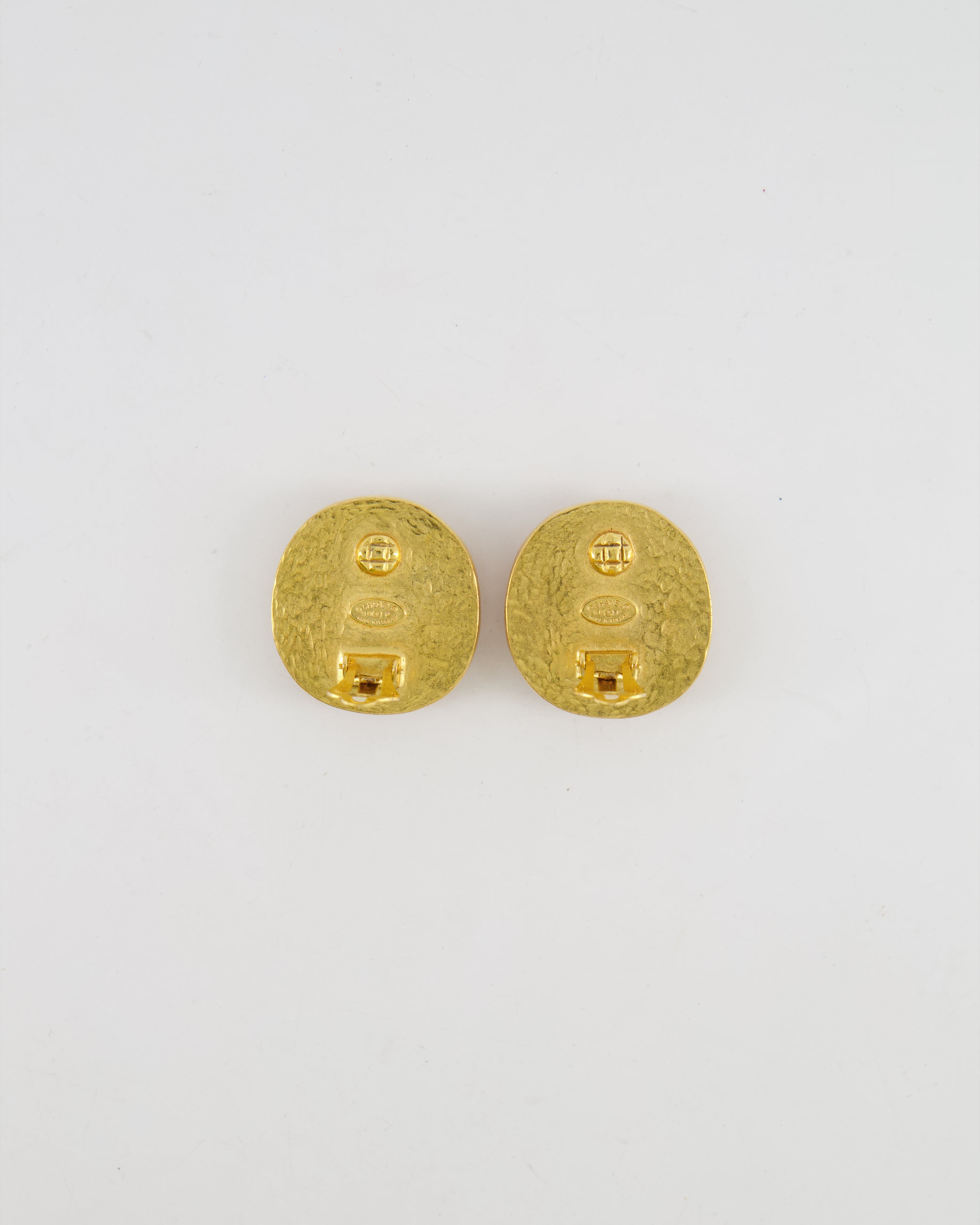 Chanel Vintage 98P Orange Rounded Clip On Earrings with Gold Rim and CC Logo Detail
