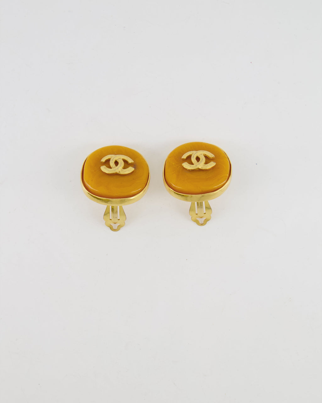 Chanel Vintage 98P Orange Rounded Clip On Earrings with Gold Rim and CC Logo Detail