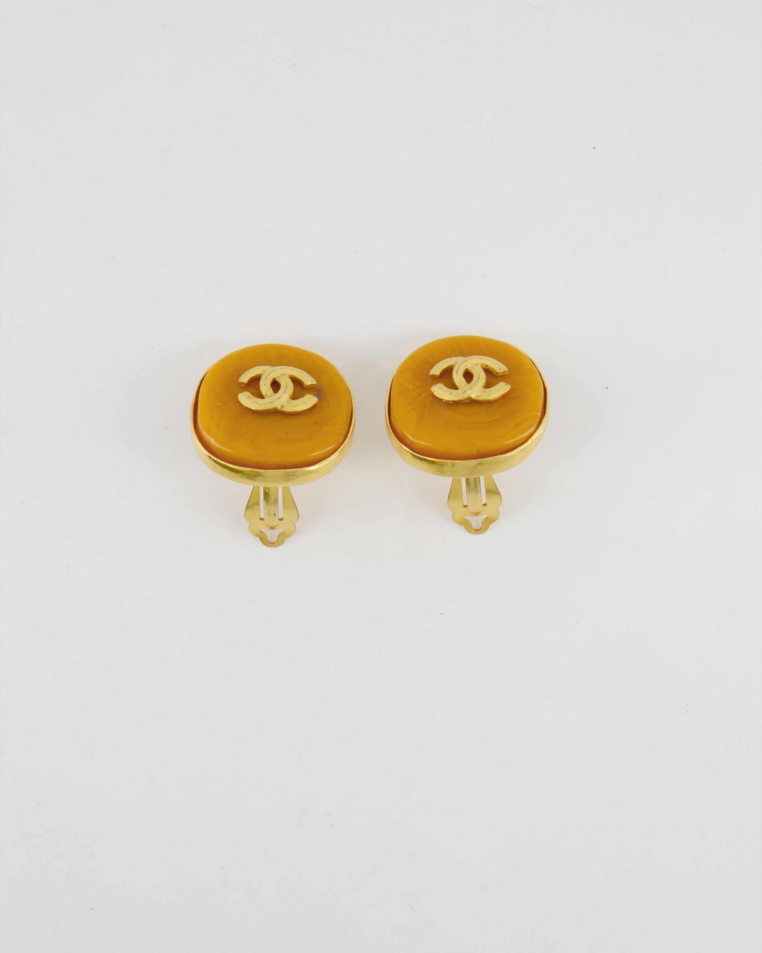 Chanel Vintage 98P Orange Rounded Clip On Earrings with Gold Rim and CC Logo Detail
