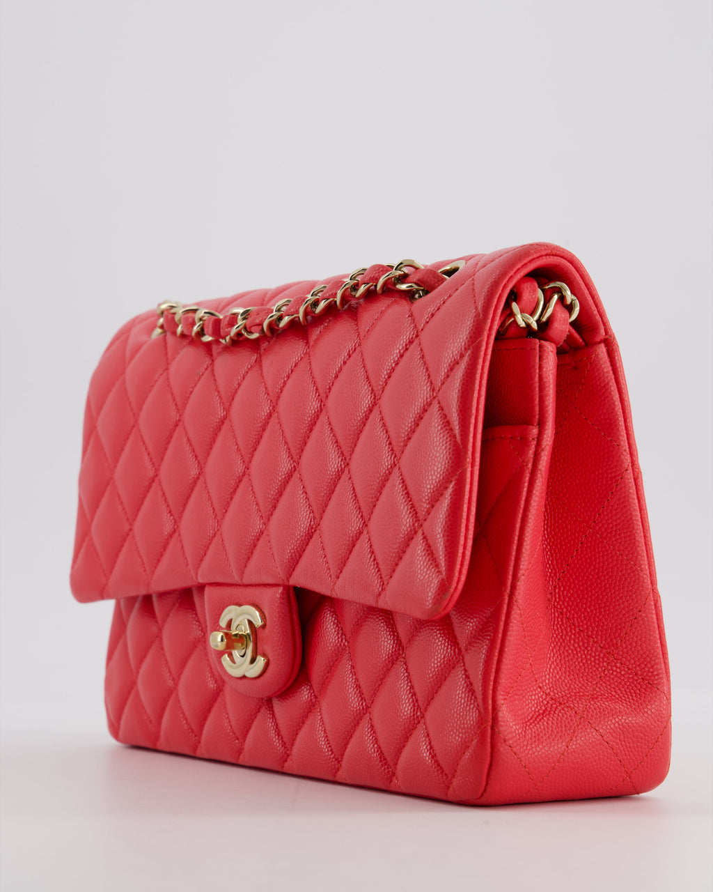 Chanel Iridescent Coral Red Classic Medium Double Flap Bag in Caviar Leather with Champagne Gold Hardware
