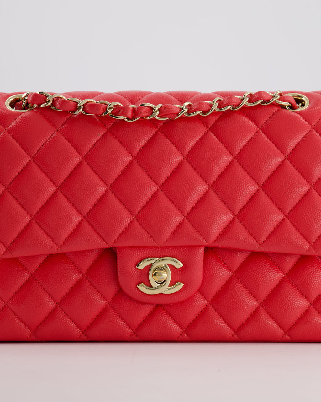 Chanel Iridescent Coral Red Classic Medium Double Flap Bag in Caviar Leather with Champagne Gold Hardware