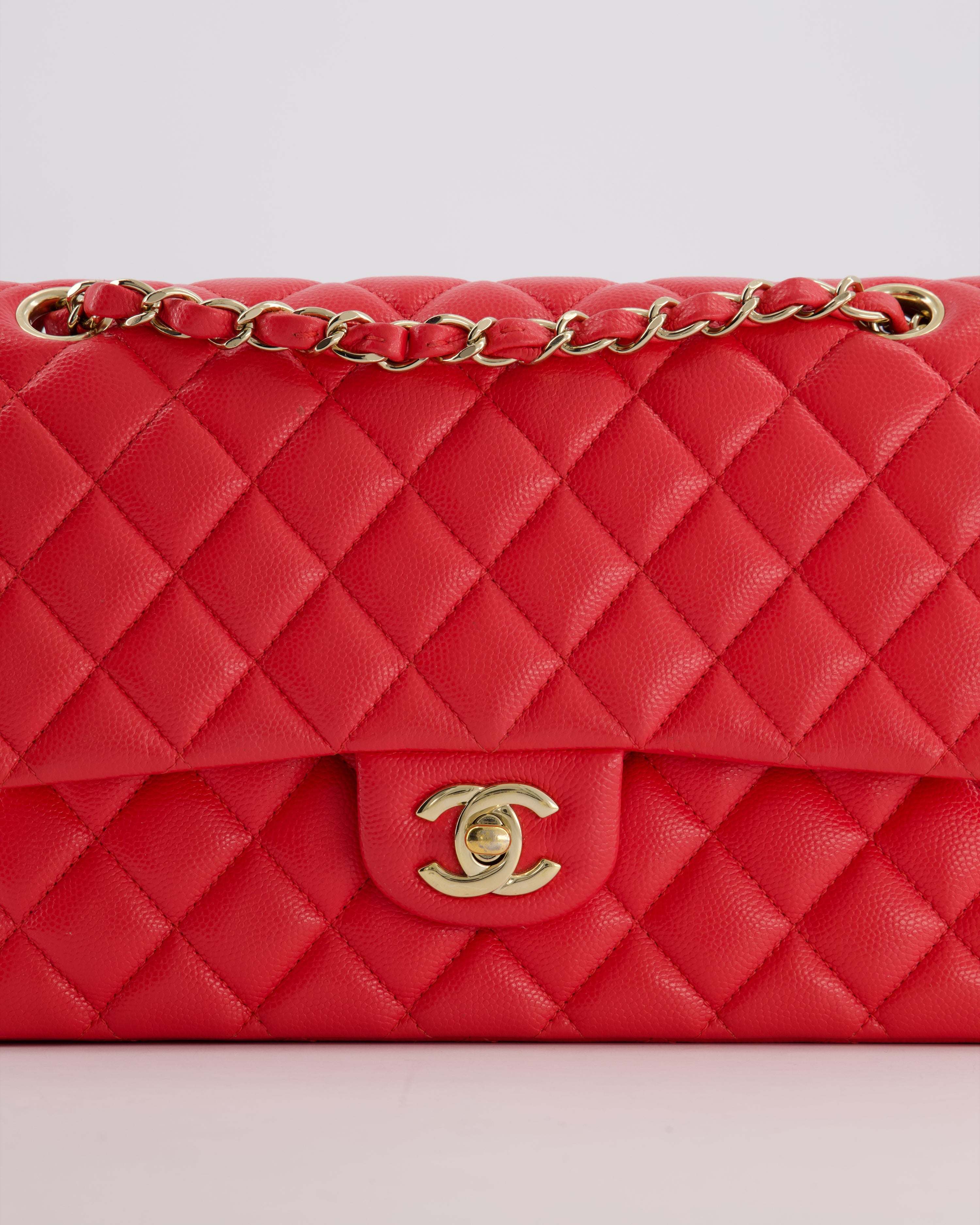 Chanel Iridescent Coral Red Classic Medium Double Flap Bag in Caviar Leather with Champagne Gold Hardware