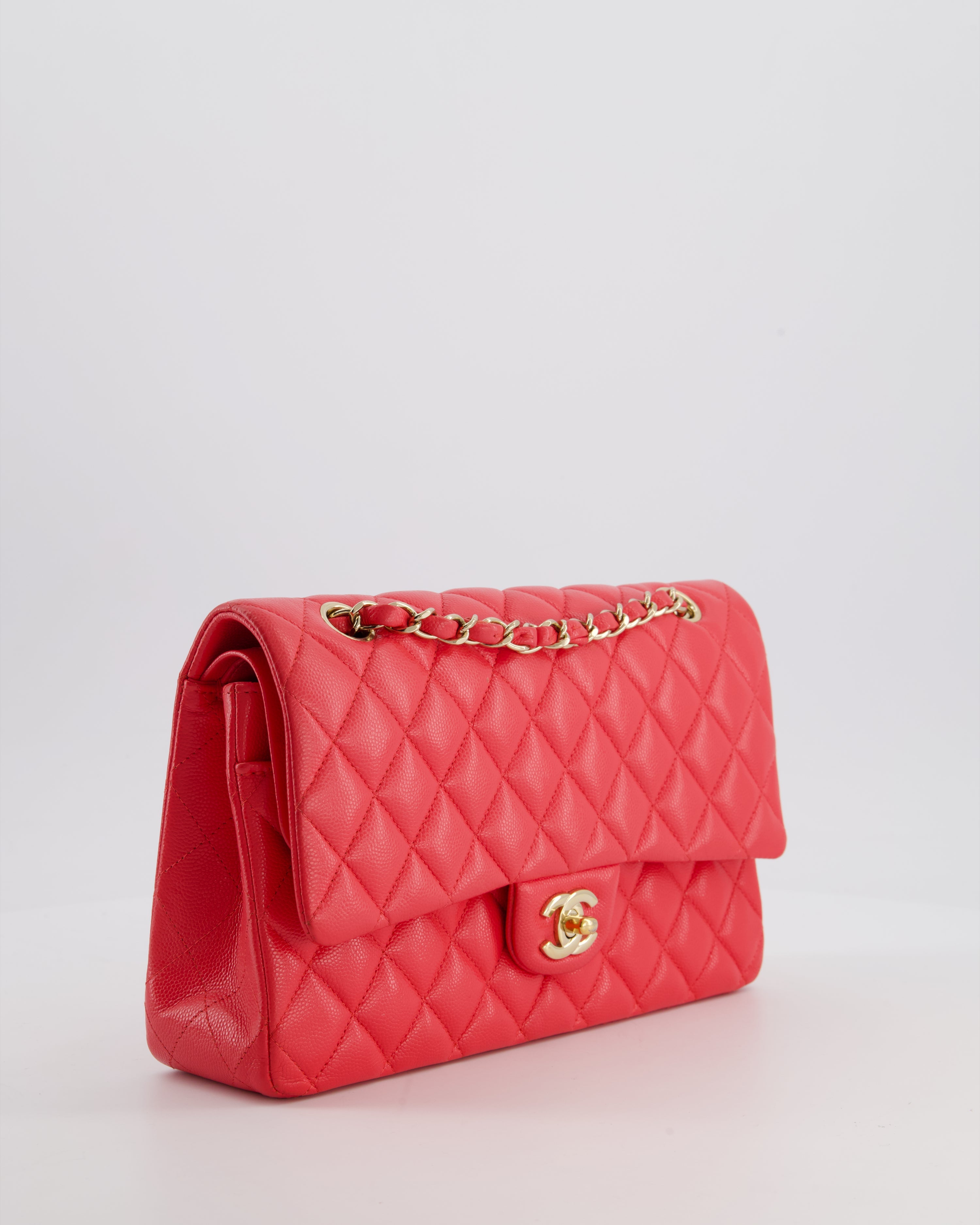 Chanel Iridescent Coral Red Classic Medium Double Flap Bag in Caviar Leather with Champagne Gold Hardware