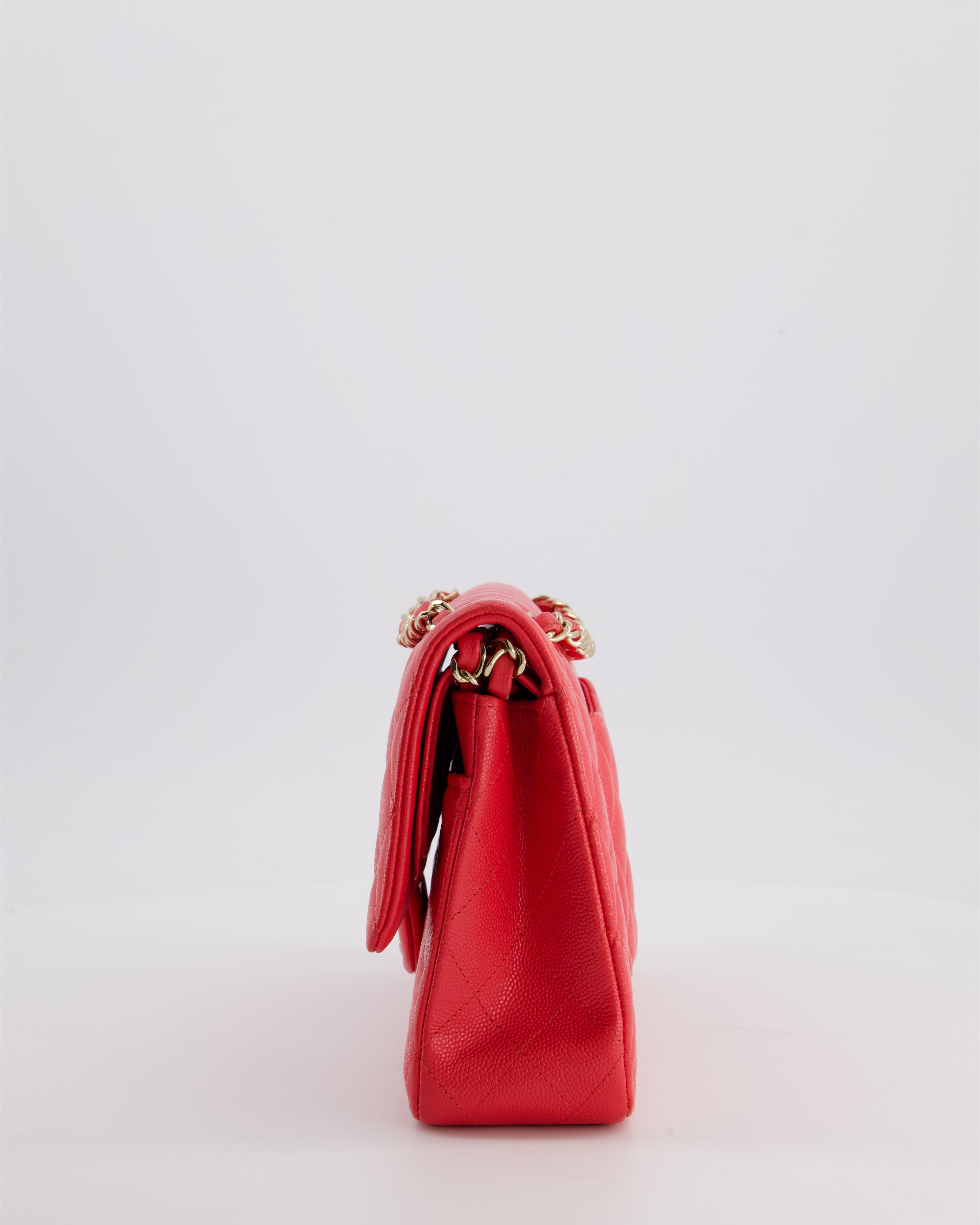 Chanel Iridescent Coral Red Classic Medium Double Flap Bag in Caviar Leather with Champagne Gold Hardware
