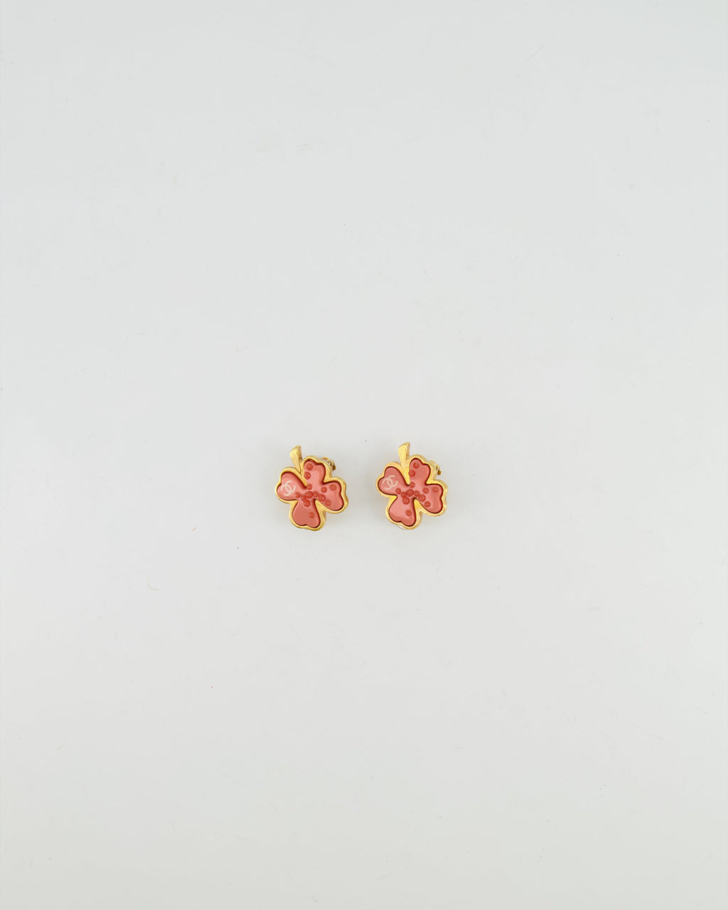 Chanel Vintage Brushed Gold and Pink Clover Clip On Earrings with CC Logo and Beads Details