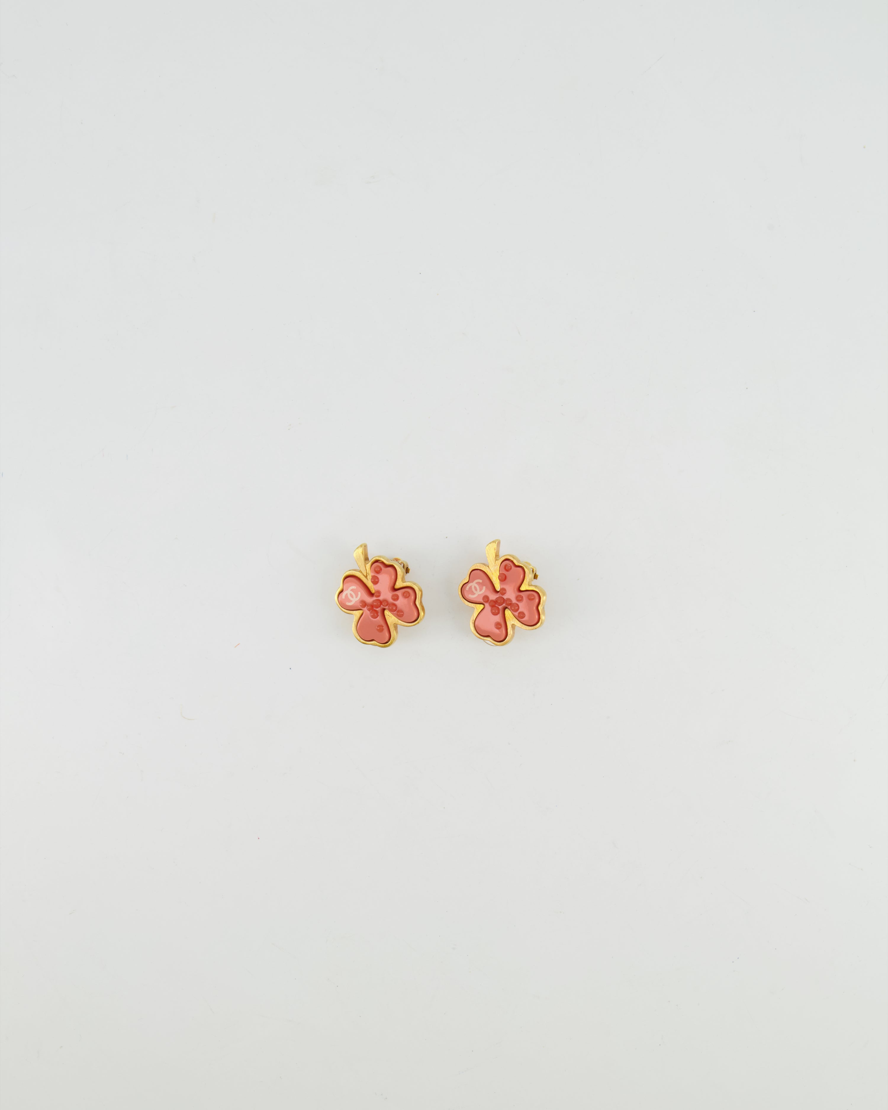 Chanel Vintage Brushed Gold and Pink Clover Clip On Earrings with CC Logo and Beads Details