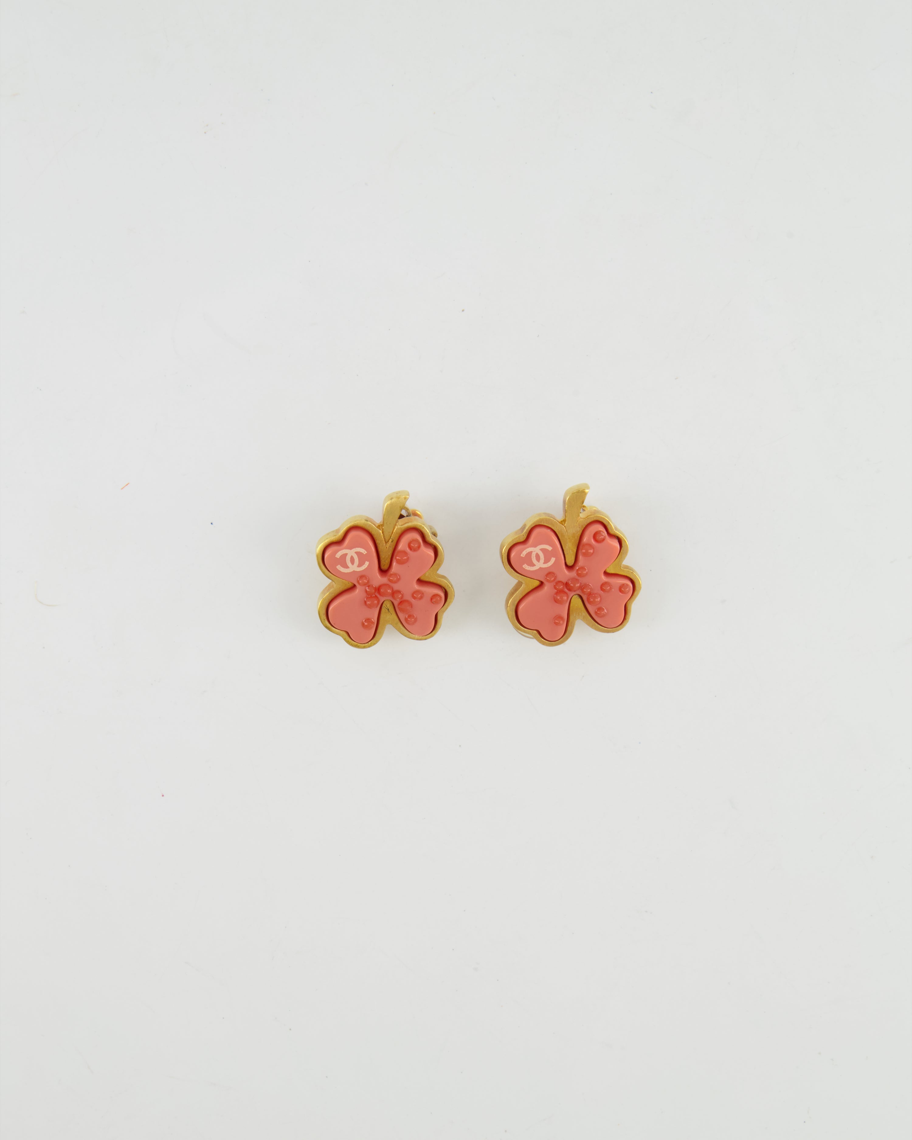 Chanel Vintage Brushed Gold and Pink Clover Clip On Earrings with CC Logo and Beads Details