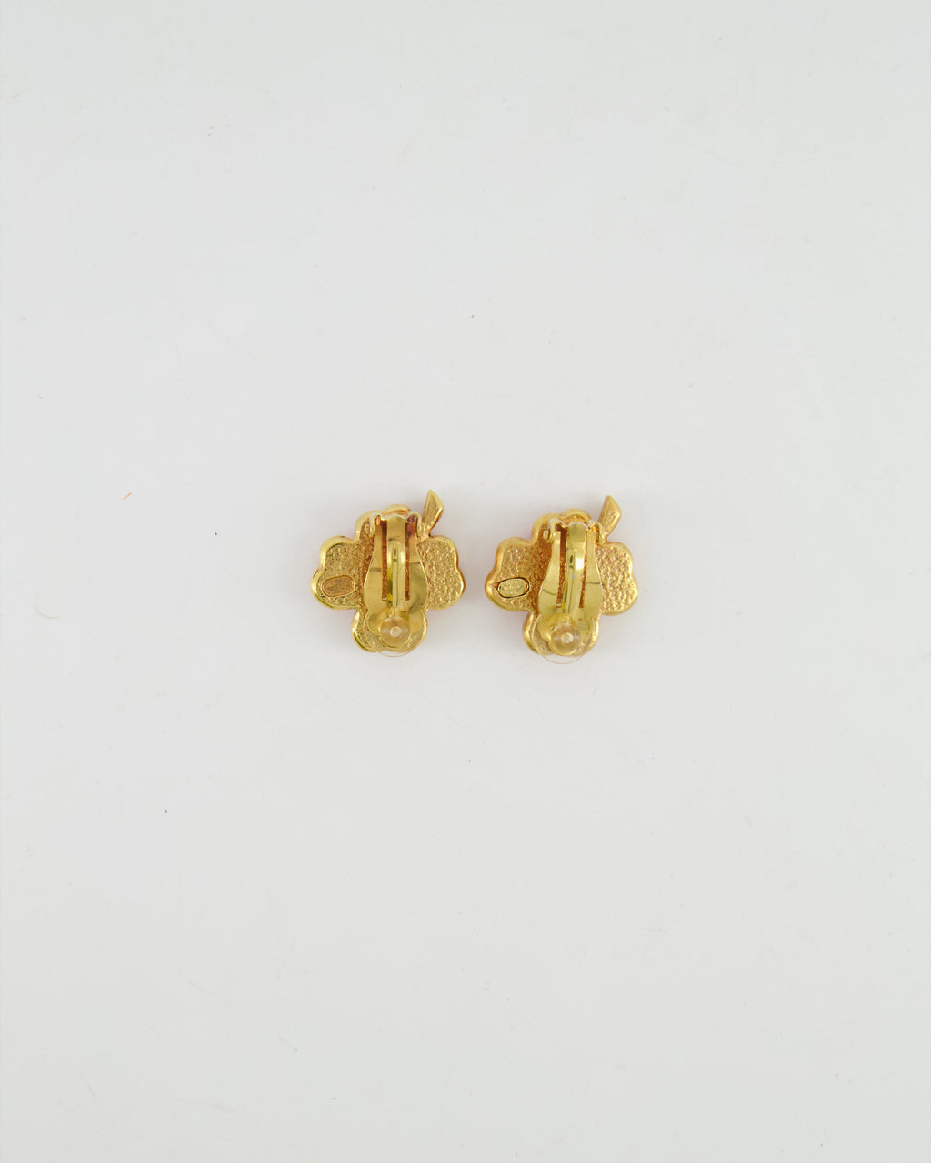 Chanel Vintage Brushed Gold and Pink Clover Clip On Earrings with CC Logo and Beads Details