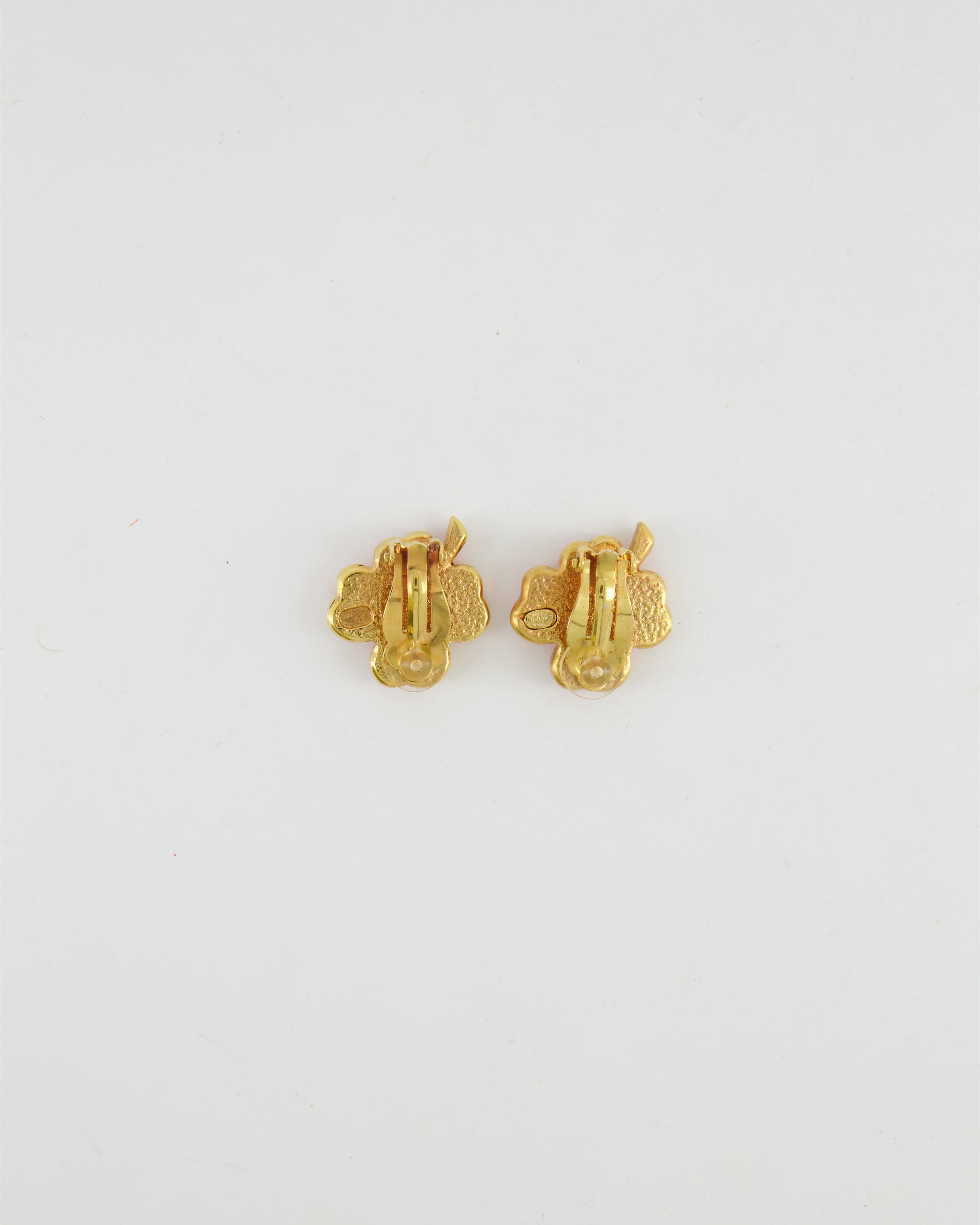 Chanel Vintage Brushed Gold and Pink Clover Clip On Earrings with CC Logo and Beads Details
