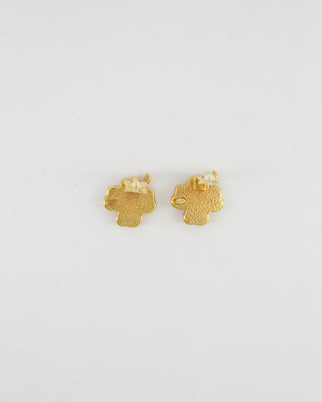 Chanel Vintage Brushed Gold and Pink Clover Clip On Earrings with CC Logo and Beads Details