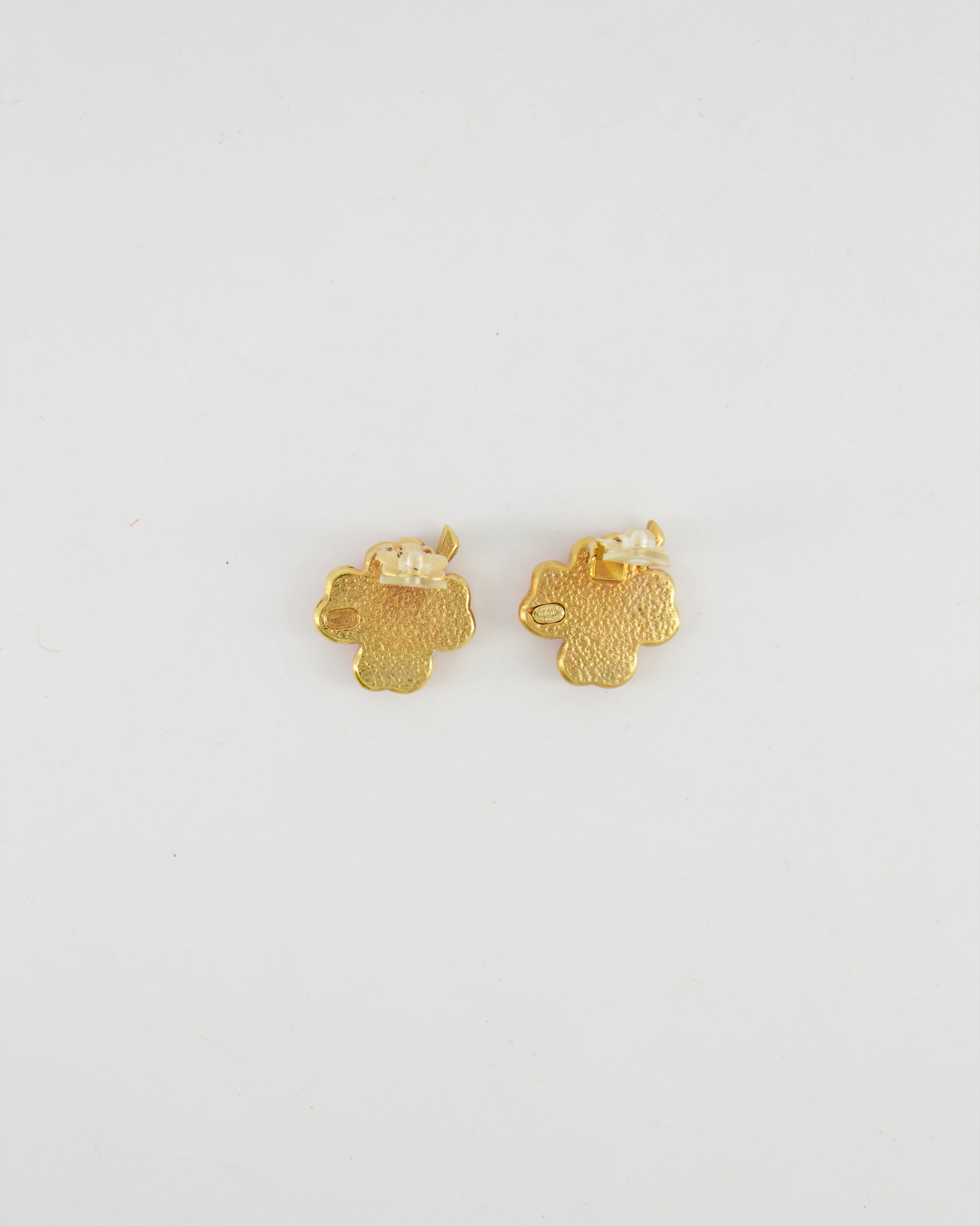 Chanel Vintage Brushed Gold and Pink Clover Clip On Earrings with CC Logo and Beads Details