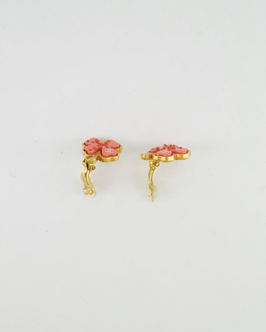 Chanel Vintage Brushed Gold and Pink Clover Clip On Earrings with CC Logo and Beads Details