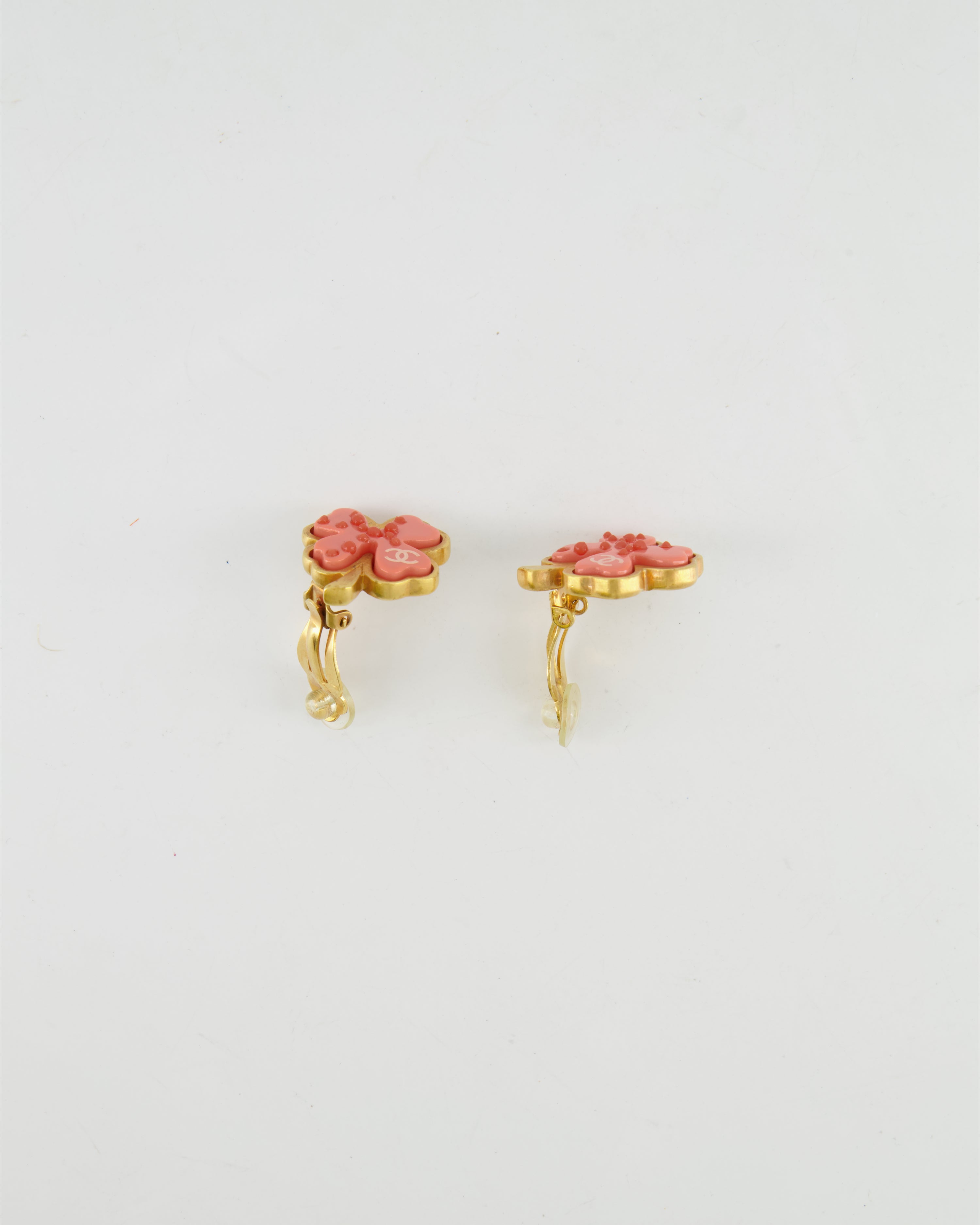 Chanel Vintage Brushed Gold and Pink Clover Clip On Earrings with CC Logo and Beads Details