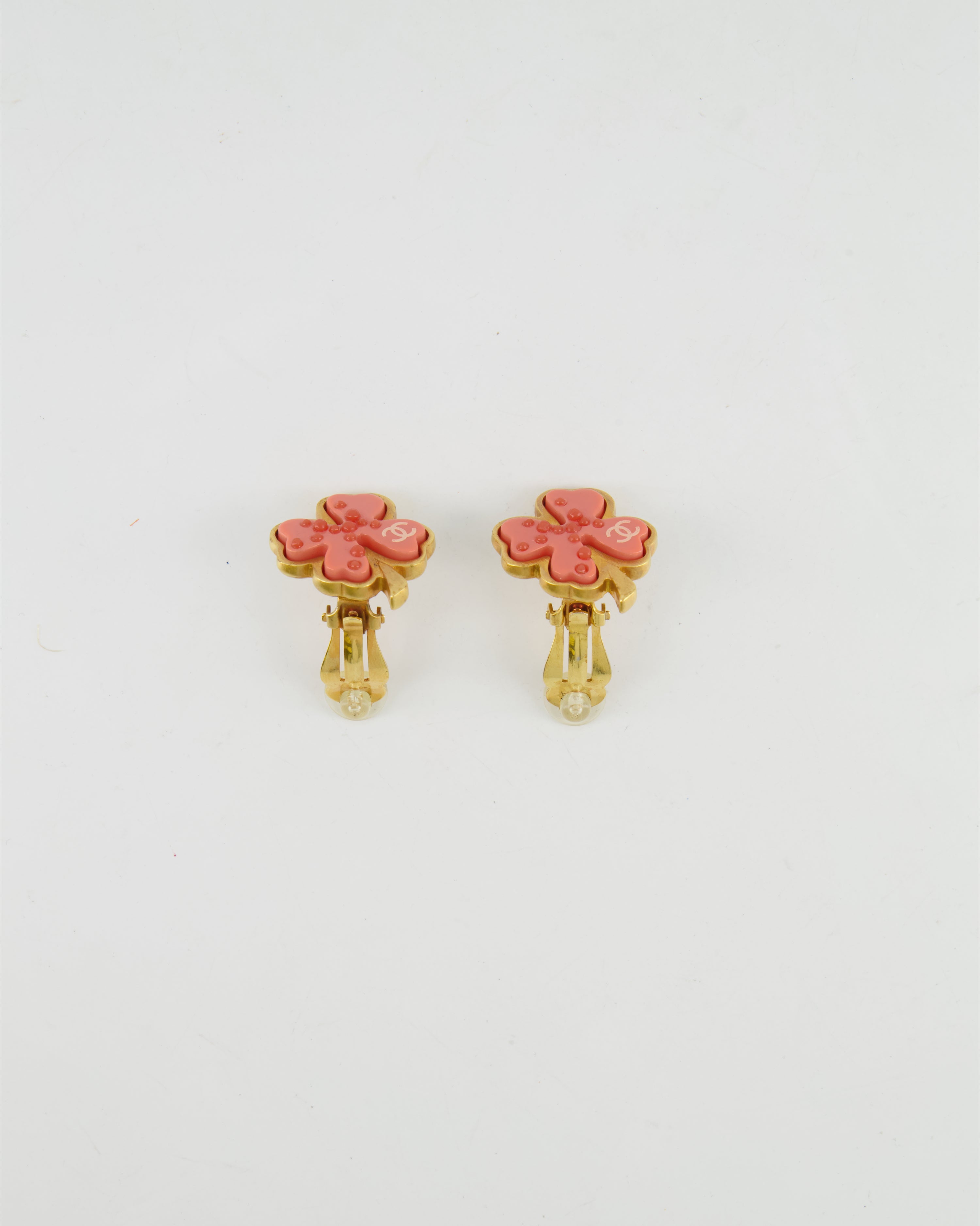 Chanel Vintage Brushed Gold and Pink Clover Clip On Earrings with CC Logo and Beads Details