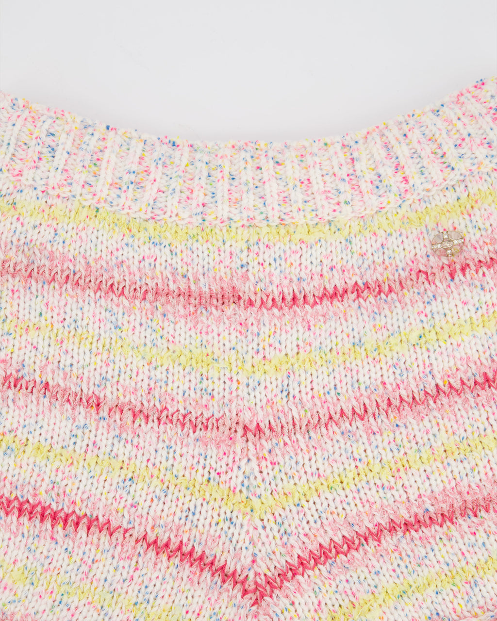 Chanel 24C Resort Pastel Pink & Yellow Sleeveless Knit Jumper and Shorts Set with Cupid Heart "Coco" Detail Top Size FR 34 (UK 6)