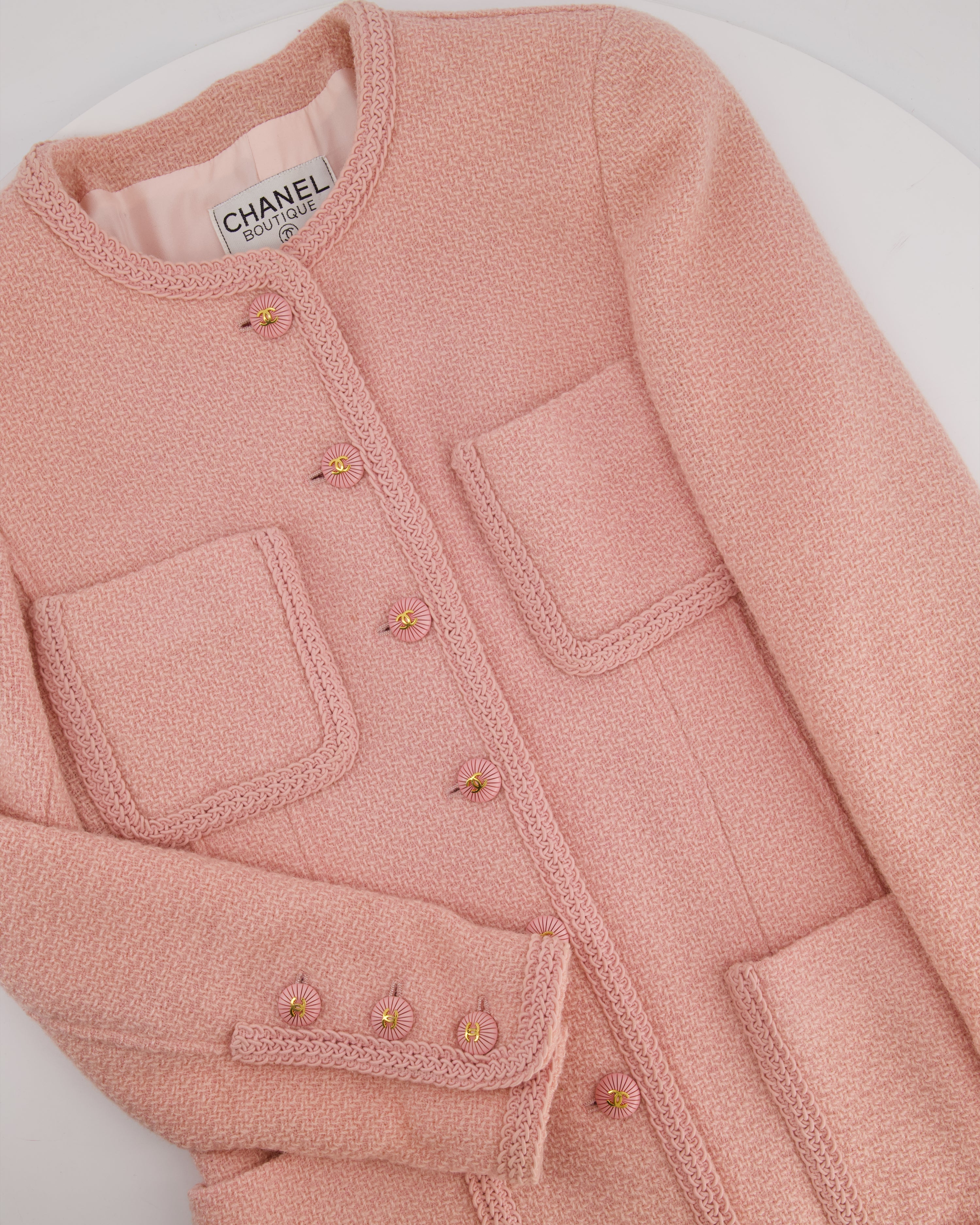 Chanel 93C Pink Tweed Skirt and Jacket Set with Logo Buttons and Pocket Detail FR 38 (UK 10)